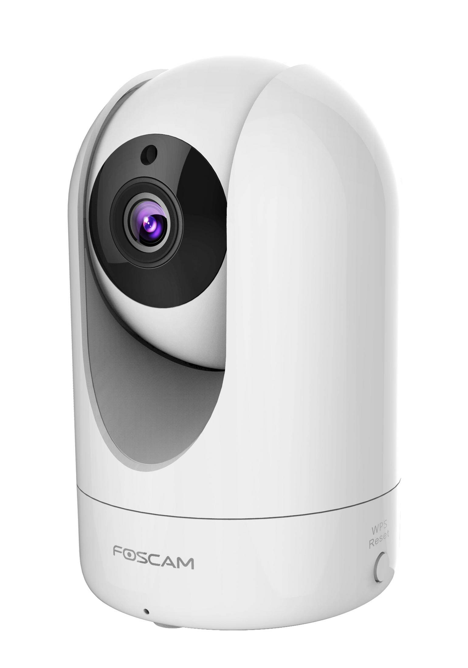 Telecamera di sicurezza Foscam bianca. L'obiettivo della fotocamera è nero e ha un pulsante di ripristino WPS.