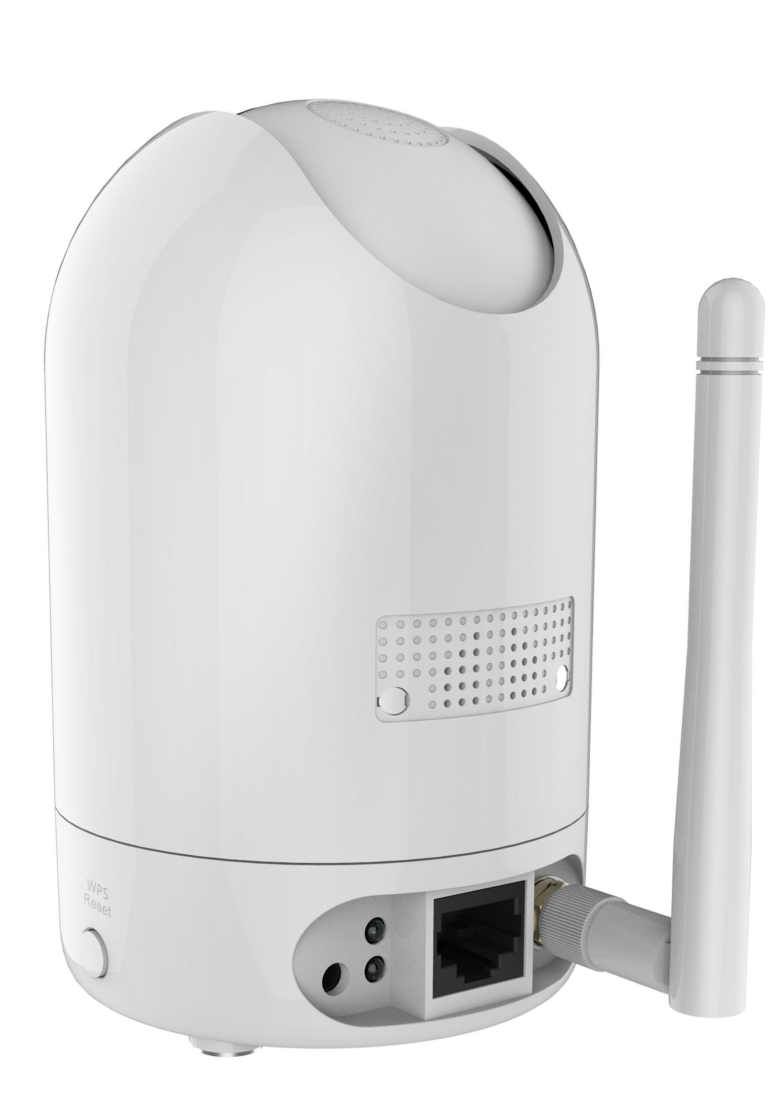 Telecamera di sicurezza bianca con antenna nera, varie porte e pulsante WPS. Sfondo bianco.
