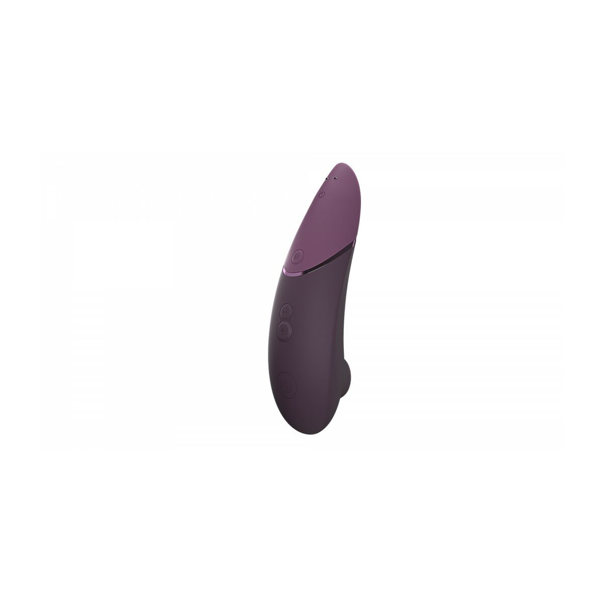 Juguete sexual morado, vista lateral, sobre blanco. Forma curva con botones visibles.