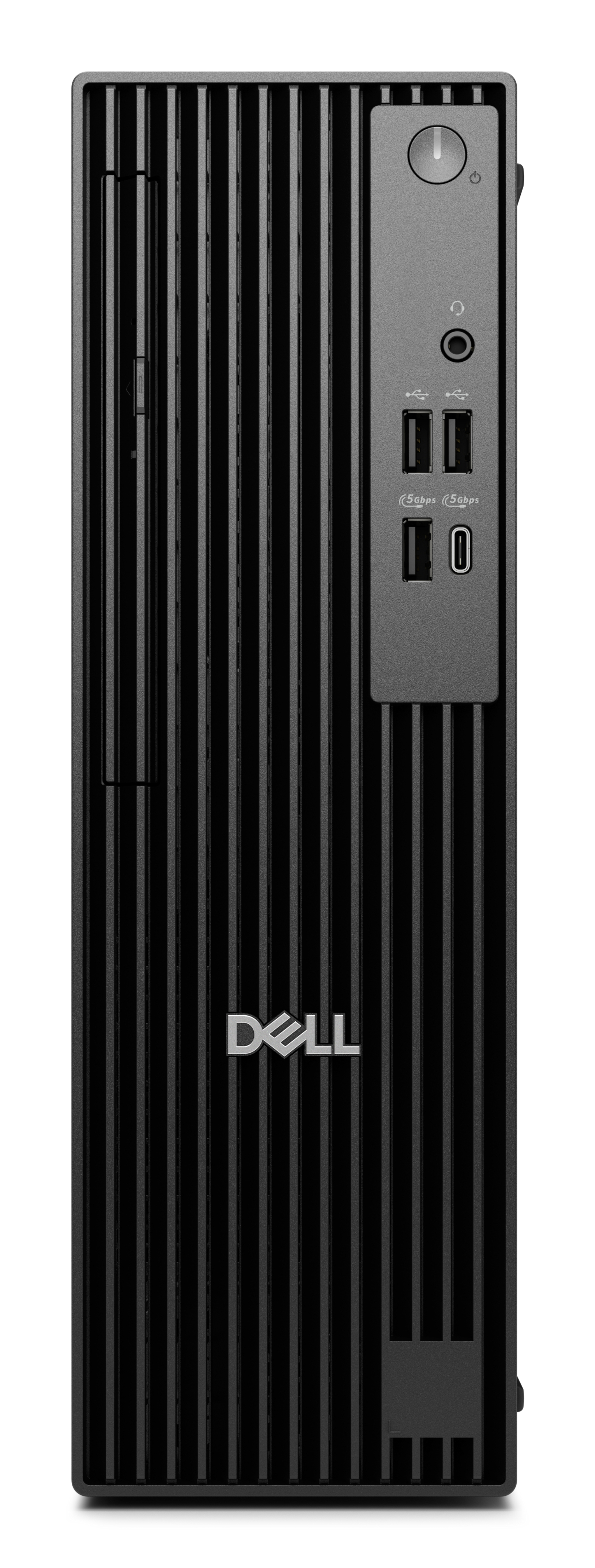 Ordenador de sobremesa Dell negro. Diseño vertical con puertos frontales y el logotipo de Dell.
