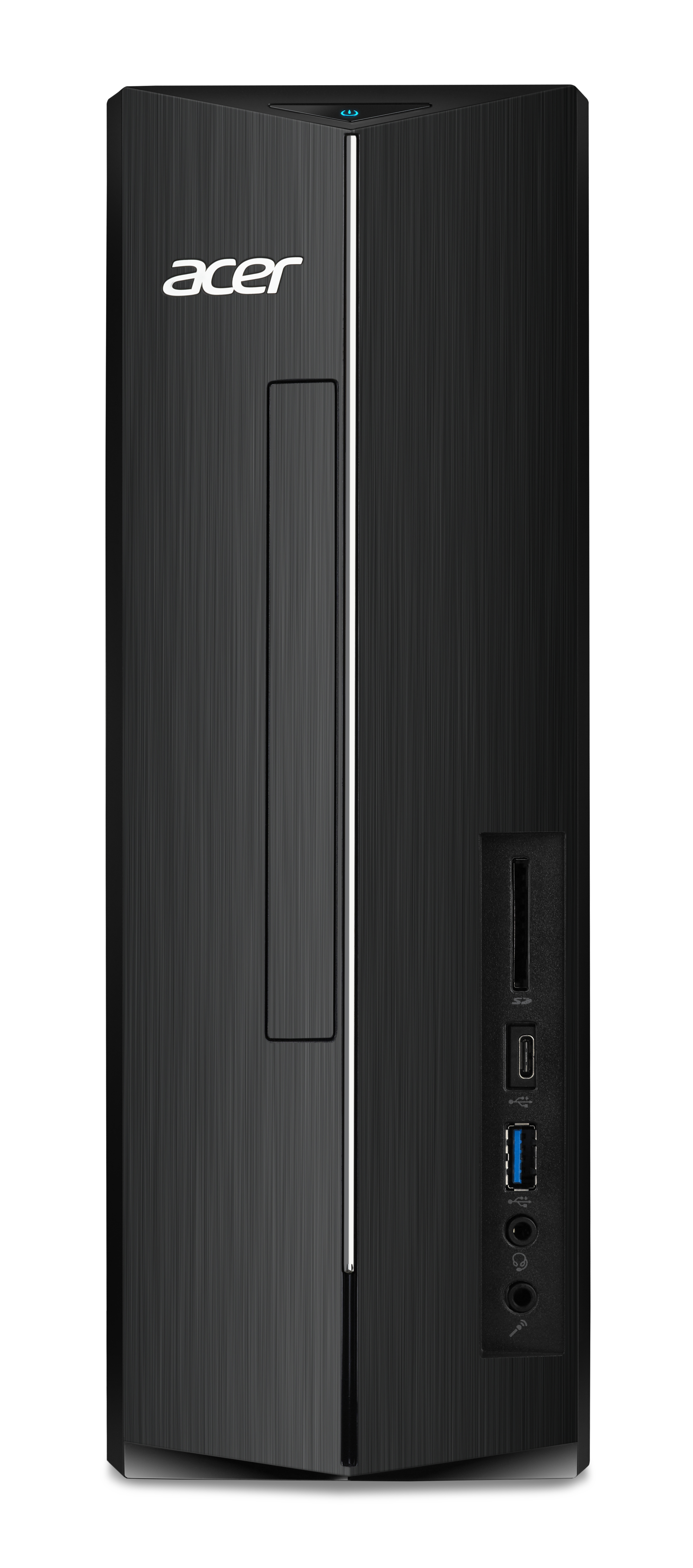 Black Acer computer tower with Acer logo, vertical design, and ports.