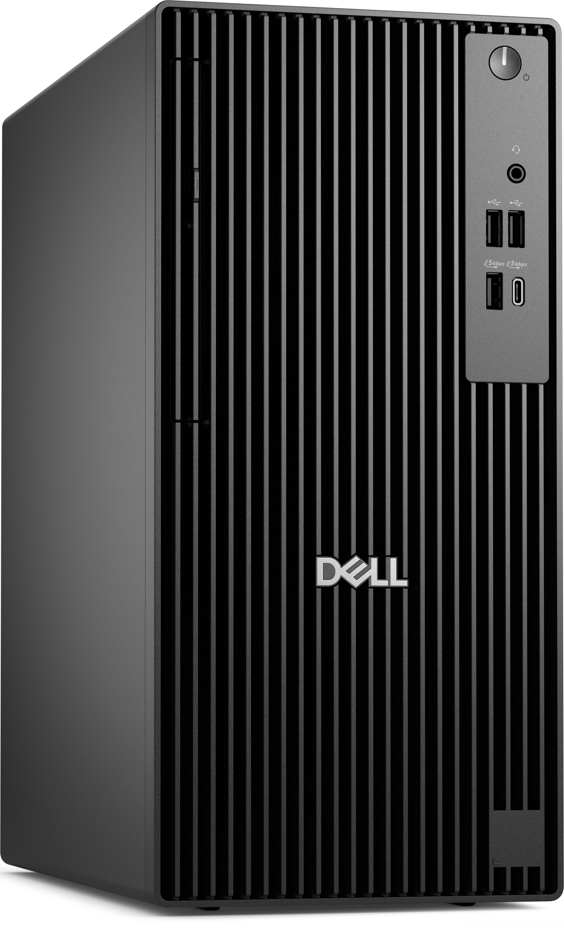 Tour d'ordinateur Dell noire avec lignes verticales, logo Dell et ports.