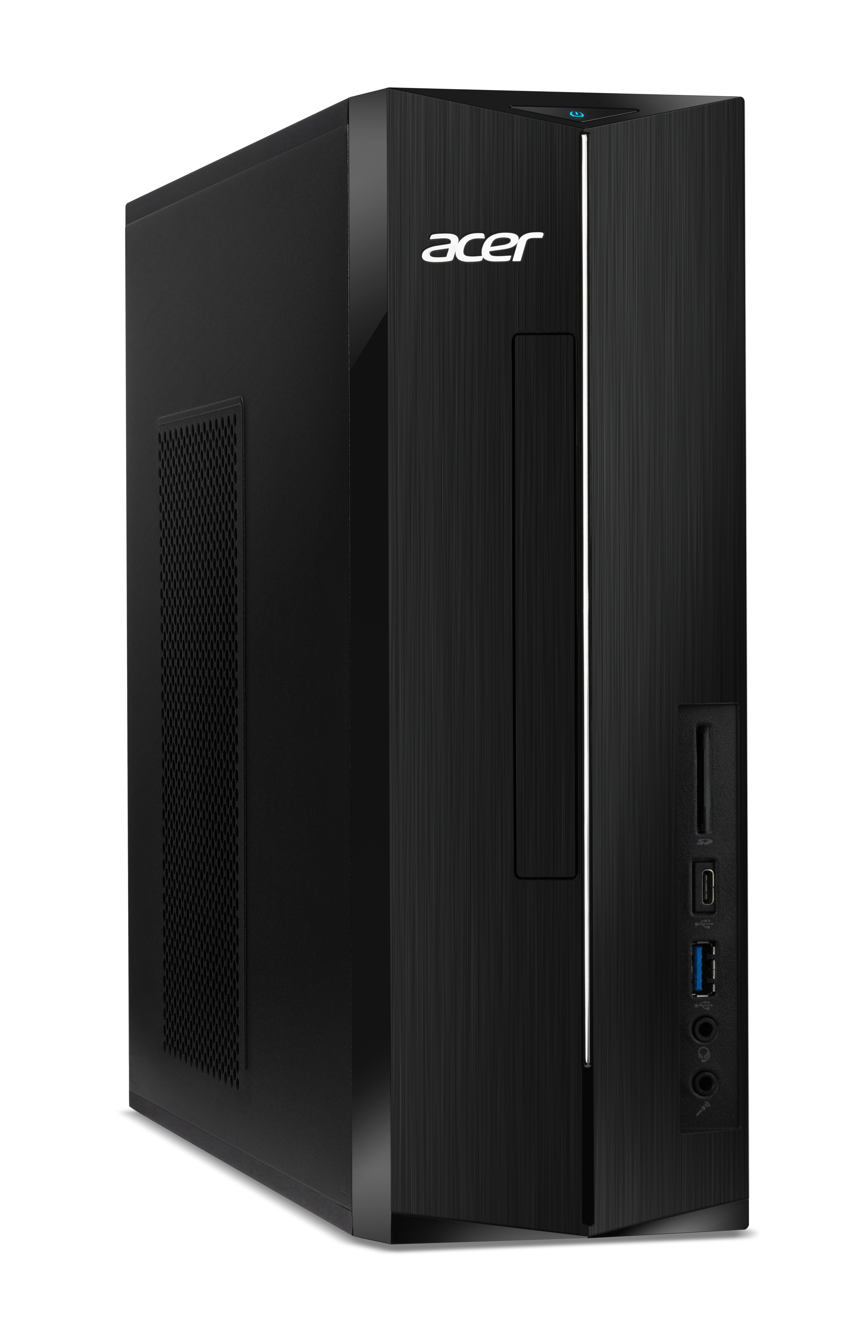 Black Acer computer tower with Acer logo, and ports on a side.