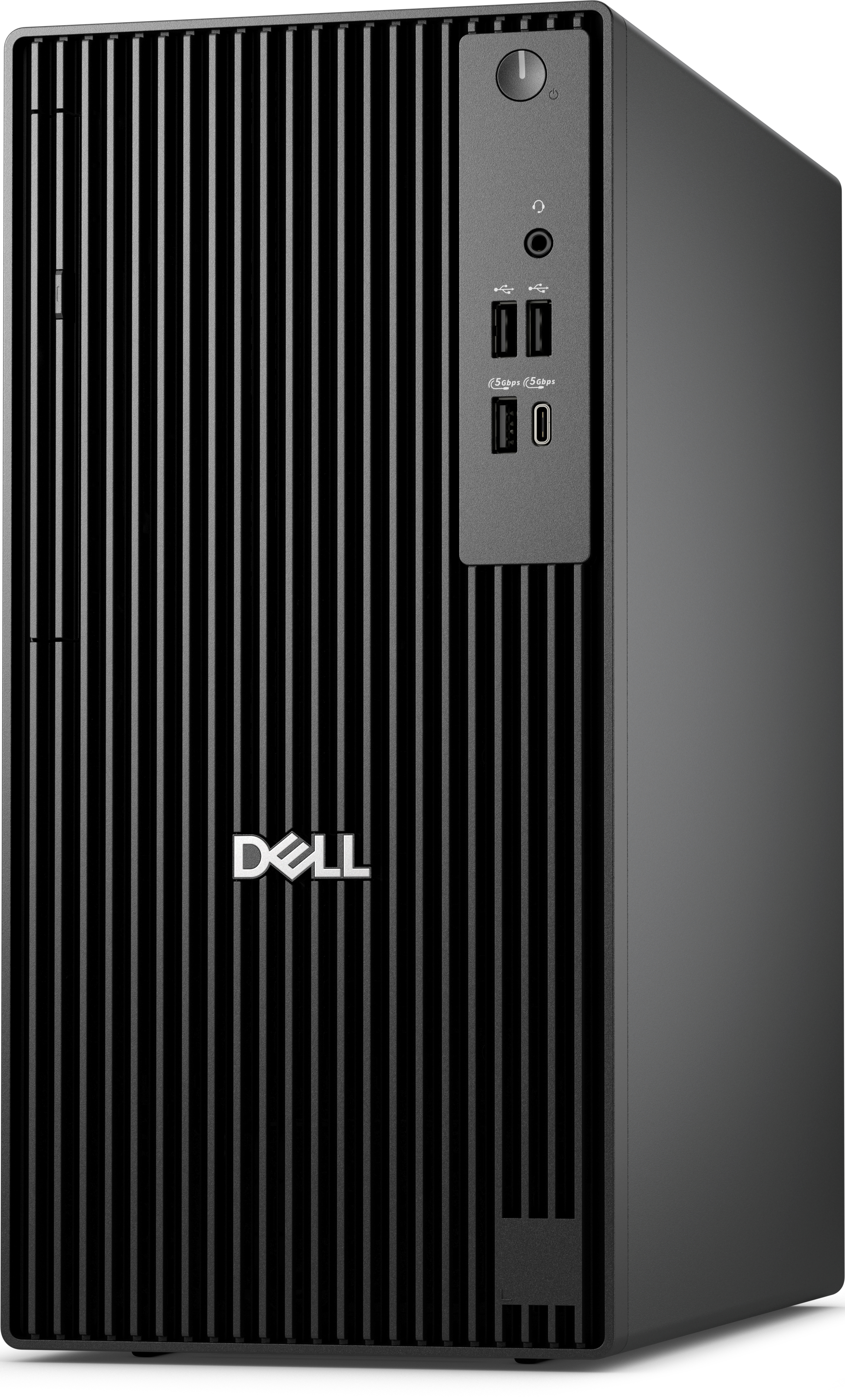Tour d'ordinateur Dell noire avec lignes verticales, logo Dell et ports.