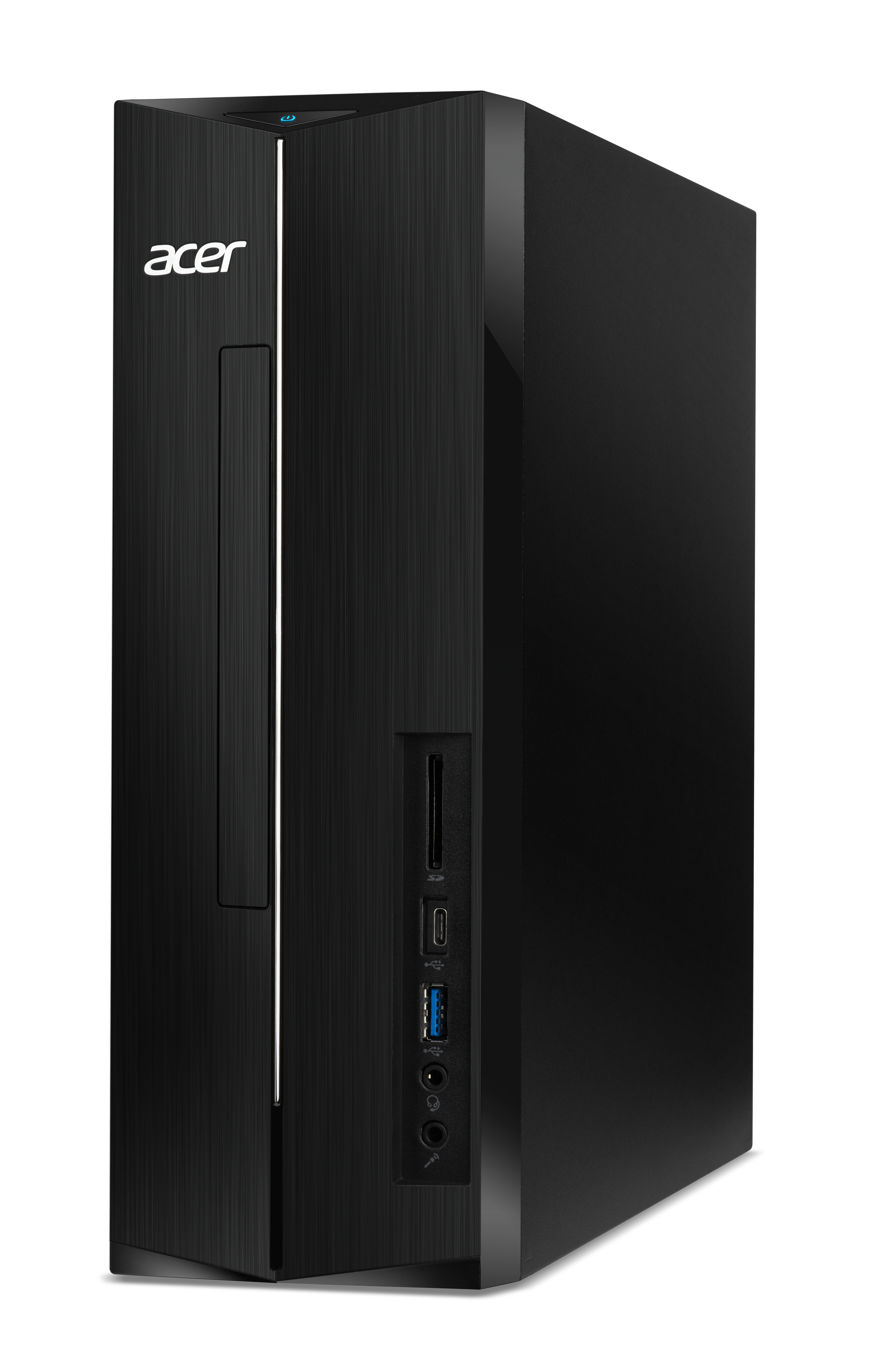 Black Acer computer tower with Acer logo, and ports on a side.