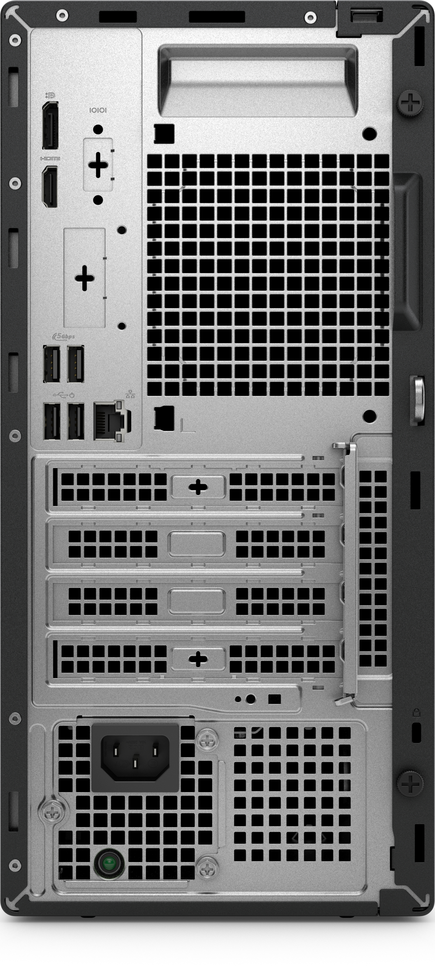 Arrière d'un PC avec ports et ventilation. Argent et noir dominent le design.