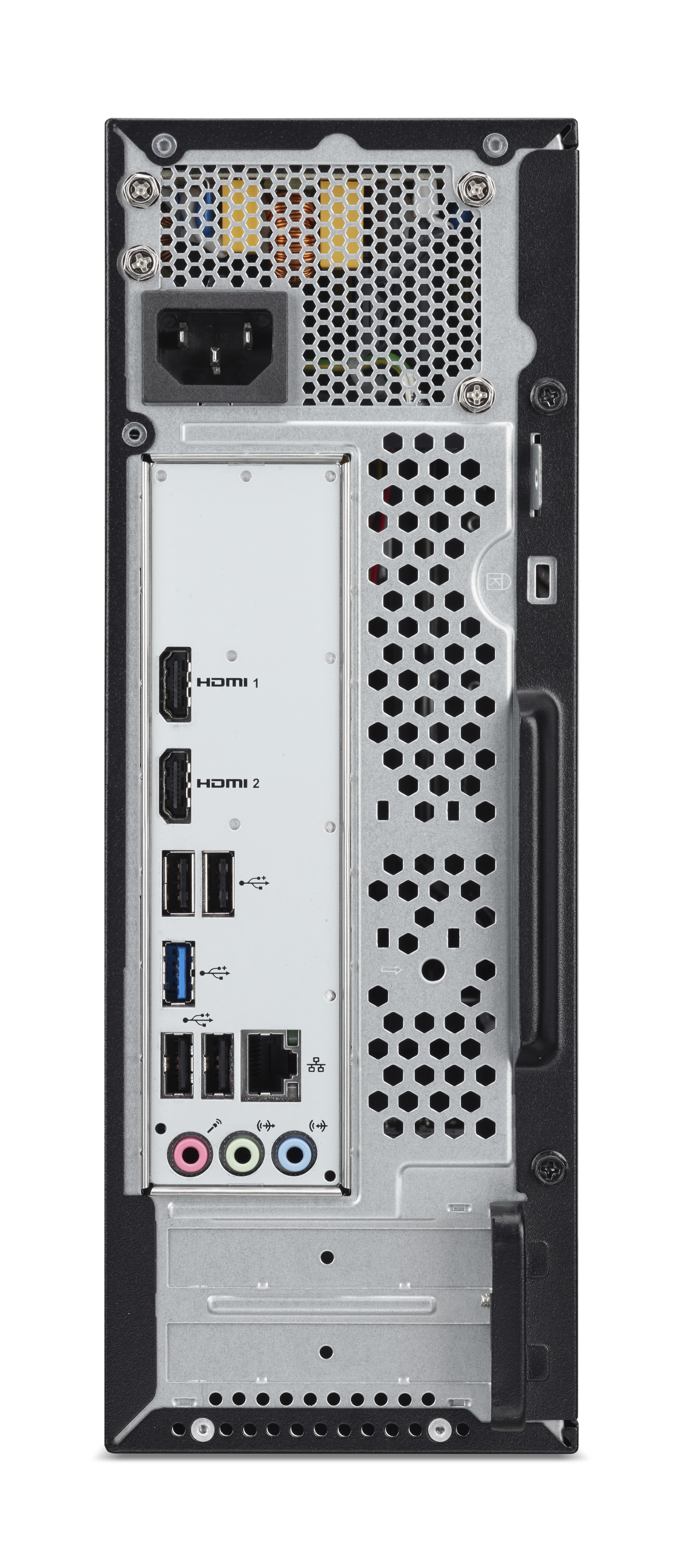Back of a computer with various ports. Includes HDMI, USB, and audio jacks. Black and silver colors.