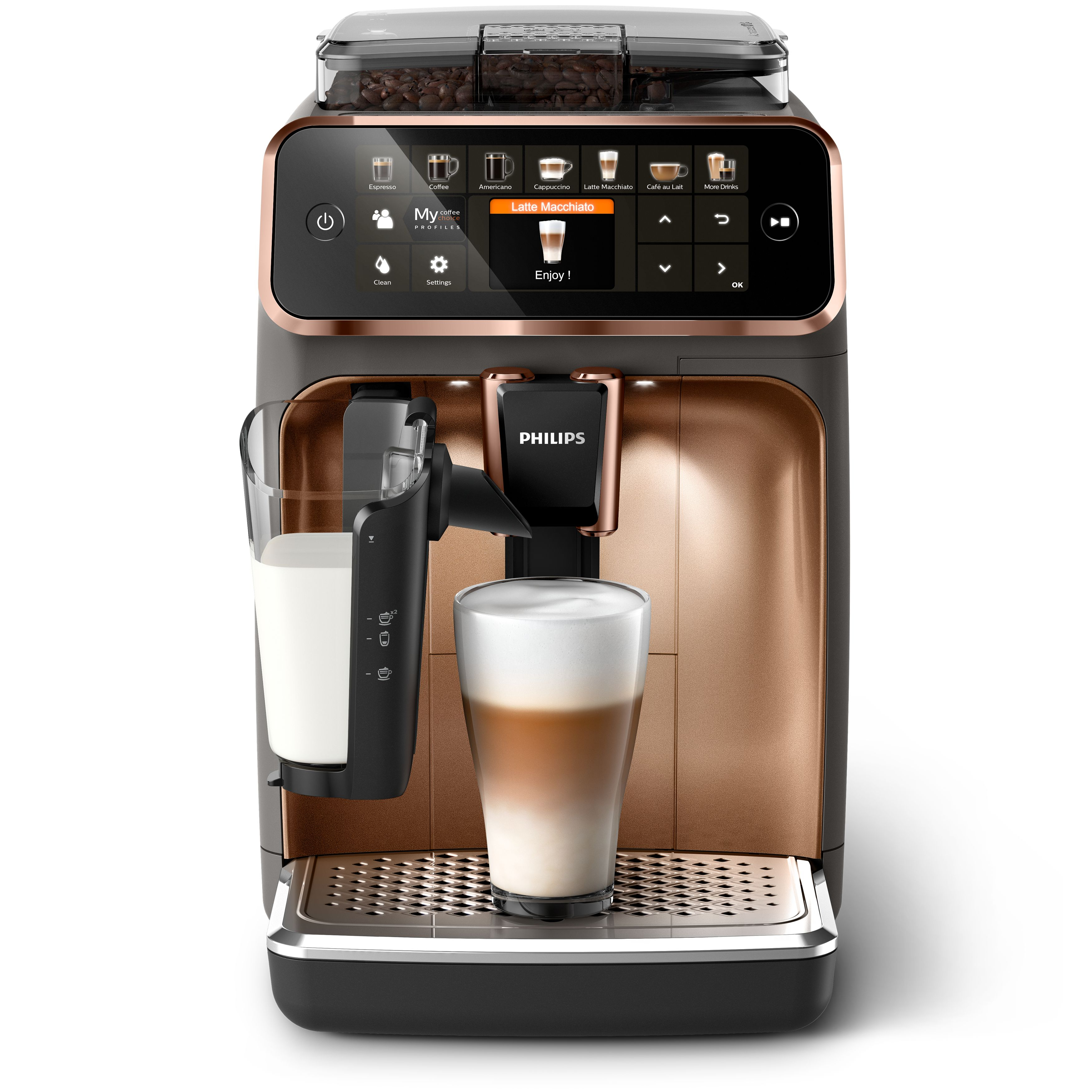 Latte'li kahve makinesi. Solda bir bardak süt, ortada bir latte.