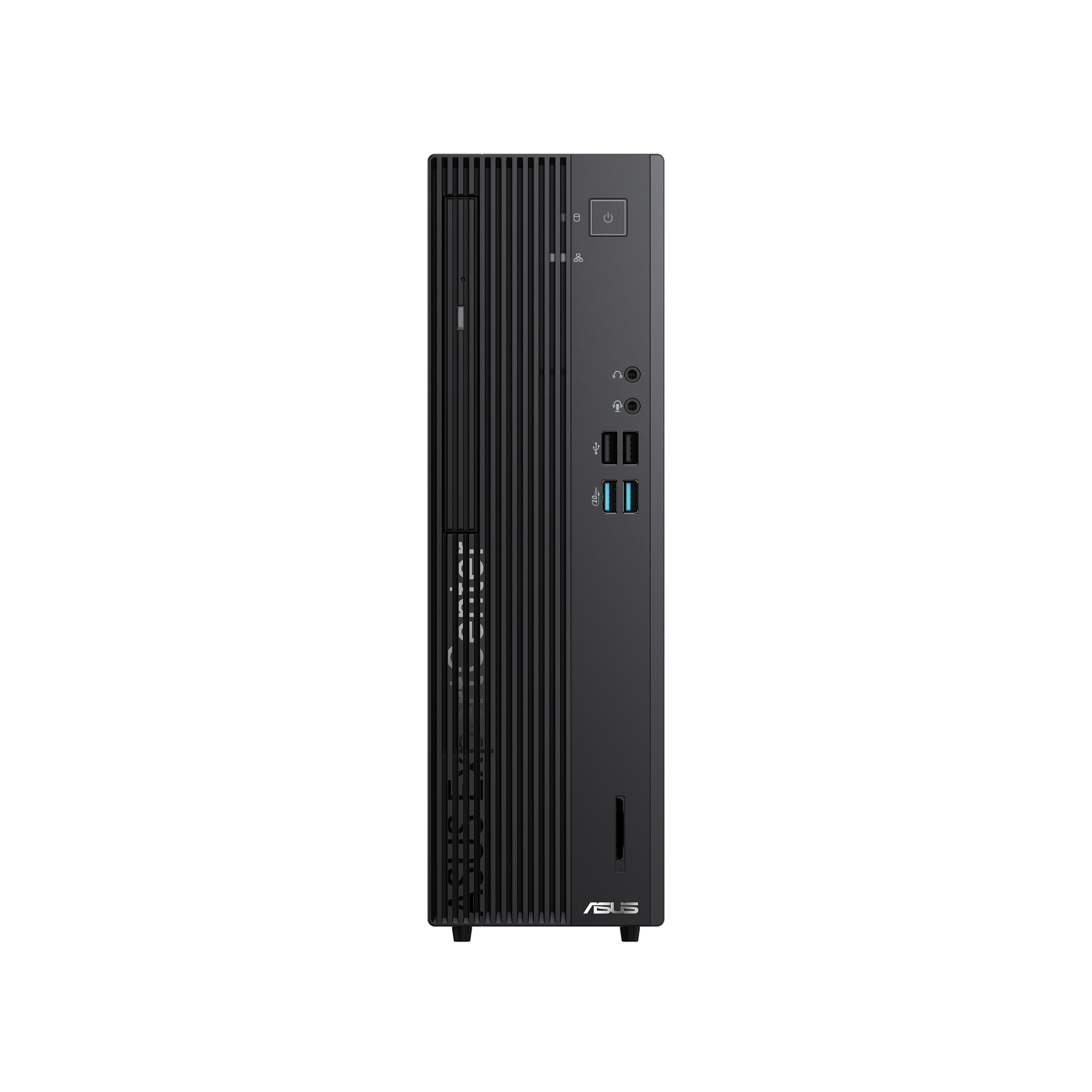 Schwarze Desktop-Computer-Vorderansicht. Es hat vertikale Linien und das ASUS-Logo.