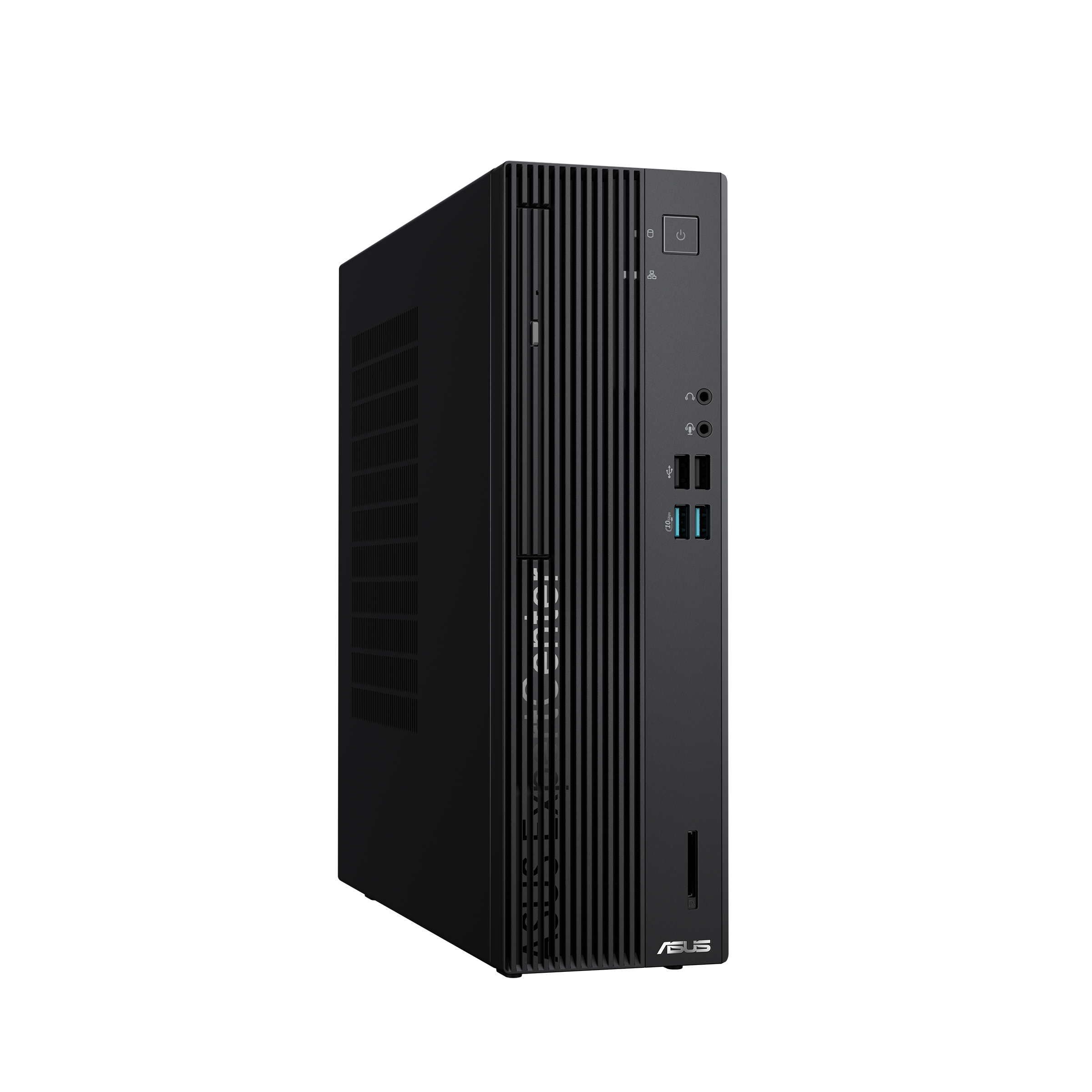 Schwarzer ASUS Desktop-Computer. Vorderansicht mit Ein/Aus-Taste, Anschlüssen und Belüftung.