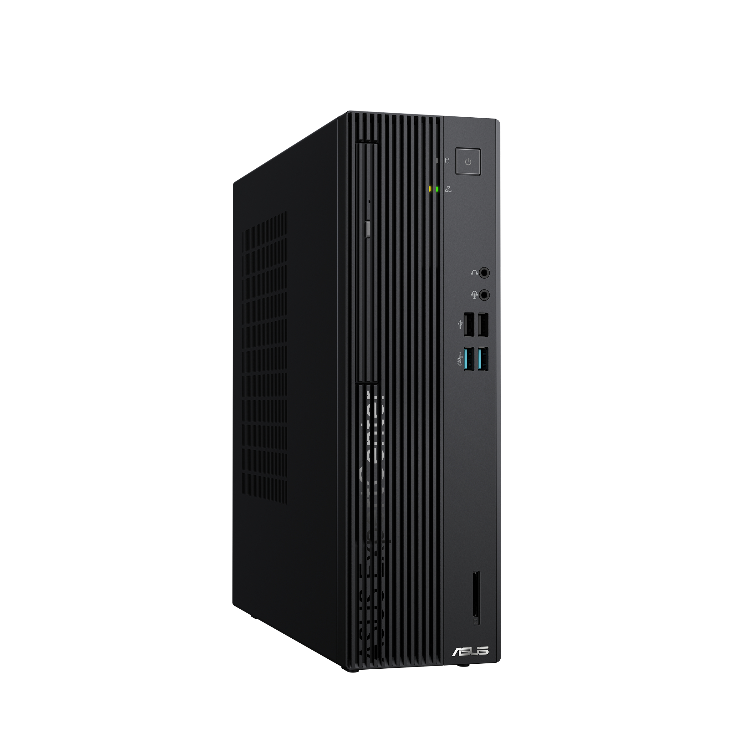 Schwarzer ASUS Desktop-Computer, Vorderansicht, Ein/Aus-Taste, Anschlüsse und Belüftung.