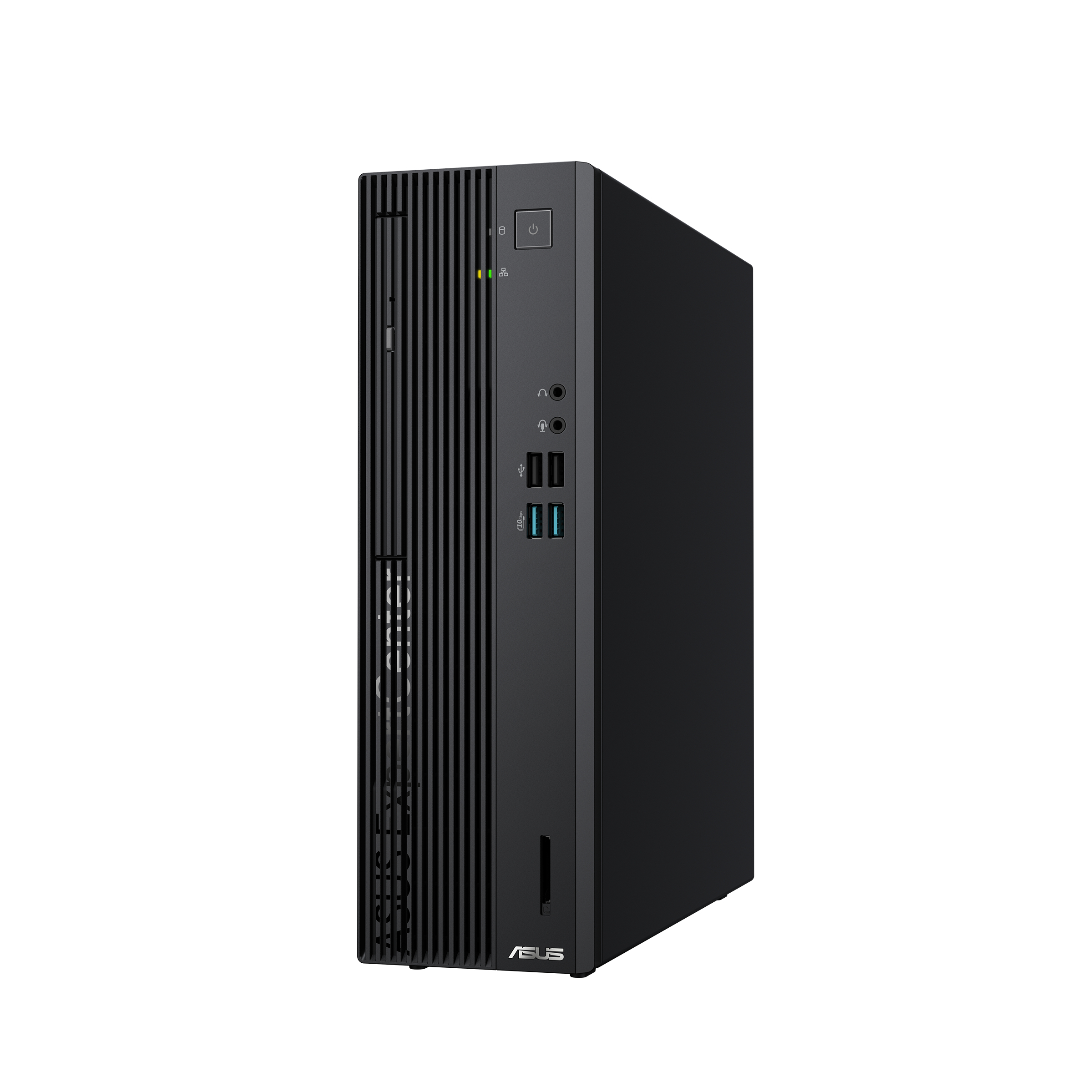 Schwarzer ASUS Desktop-Computer. Vorderansicht mit Ein/Aus-Taste, Anschlüssen und Belüftung.
