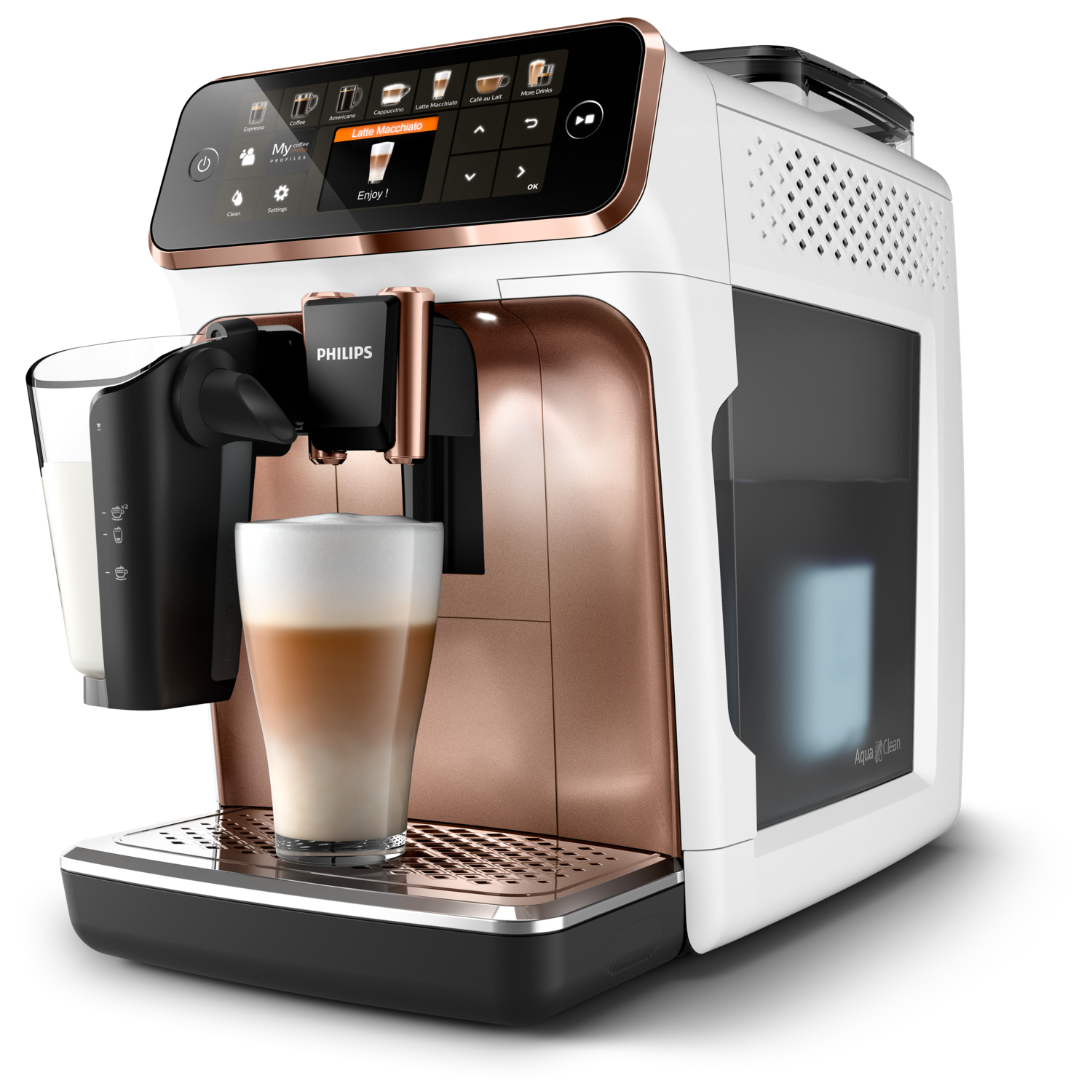 Beyaz ve bakır Philips espresso makinesi, latte, bardak ve süt kabı ile.