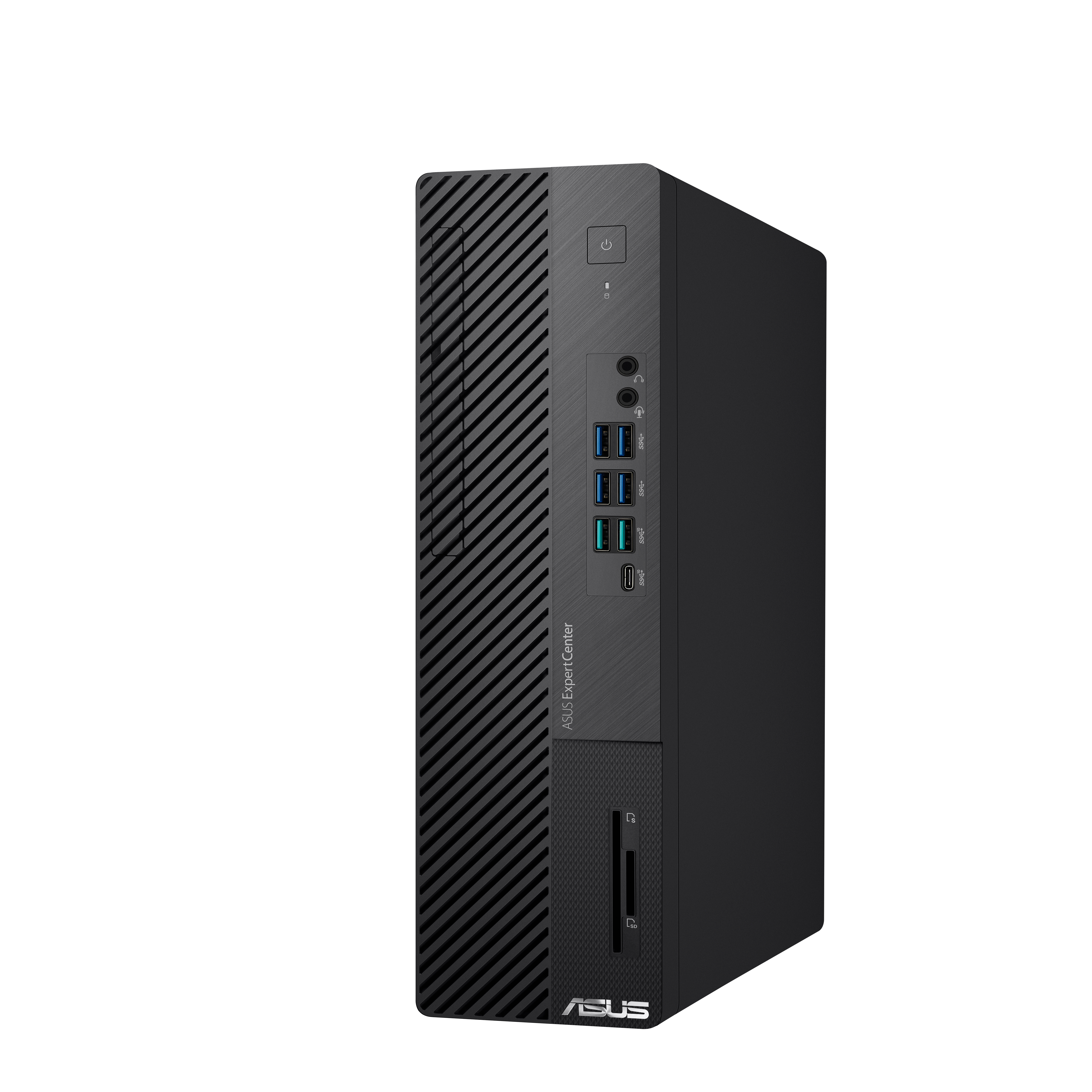 Zwarte ASUS ExpertCenter desktopcomputer. Vooraanzicht met poorten en aan/uit-knop.