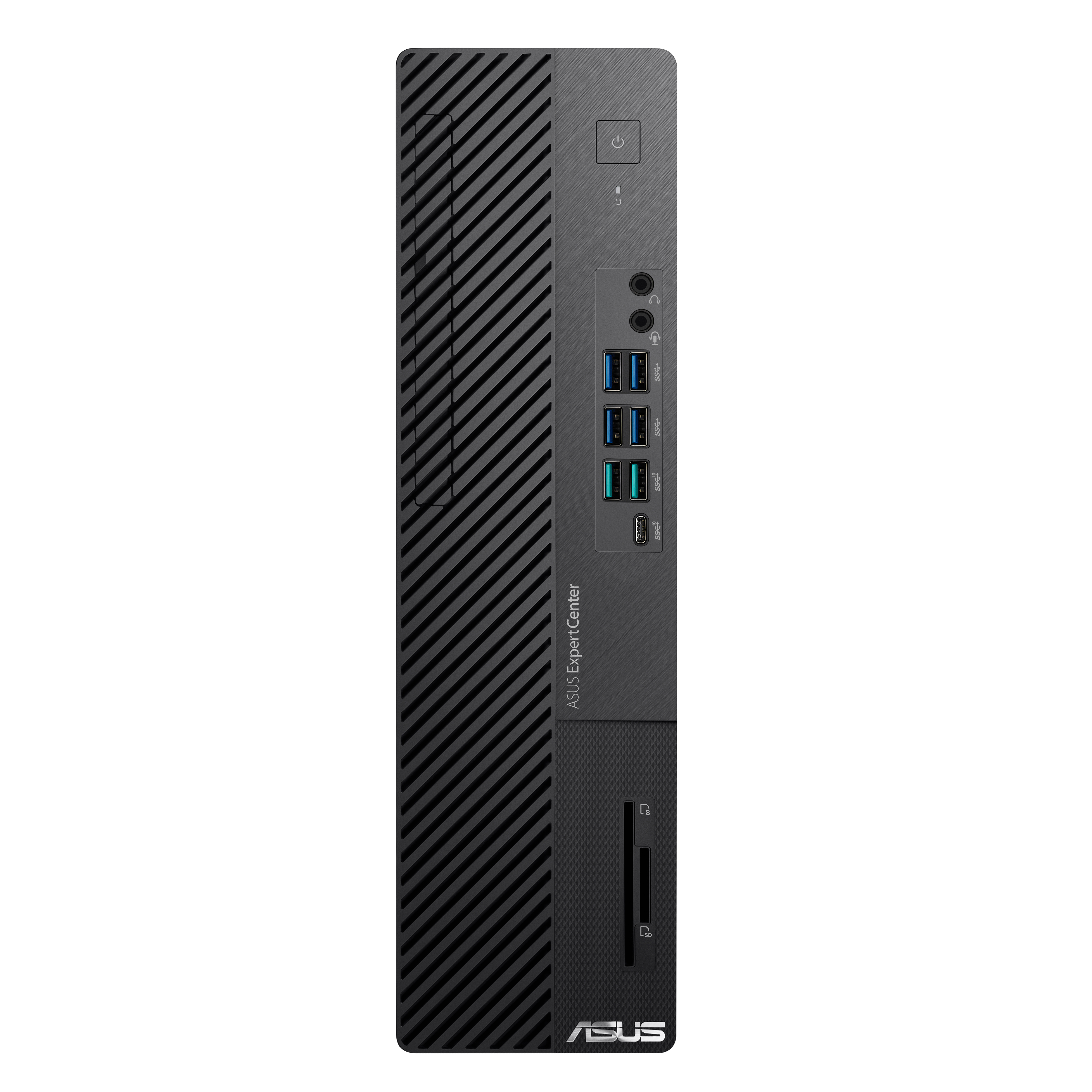 Zwarte ASUS ExpertCenter desktopcomputer, vooraanzicht met poorten en aan/uit-knop.