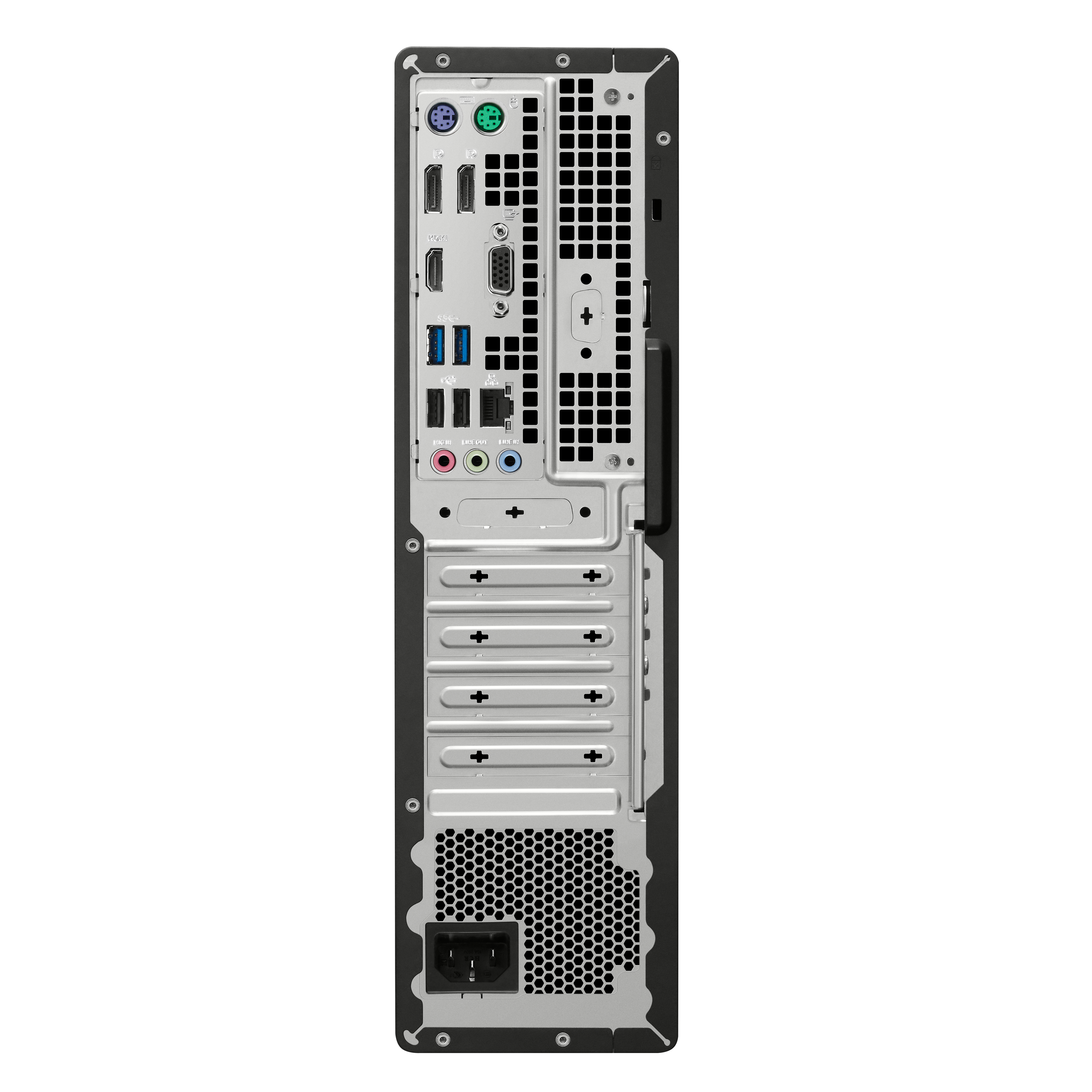 Achteraanzicht van een zwarte computertoren met poorten. Hij heeft een handvat en rooster-achtige ventilatie.