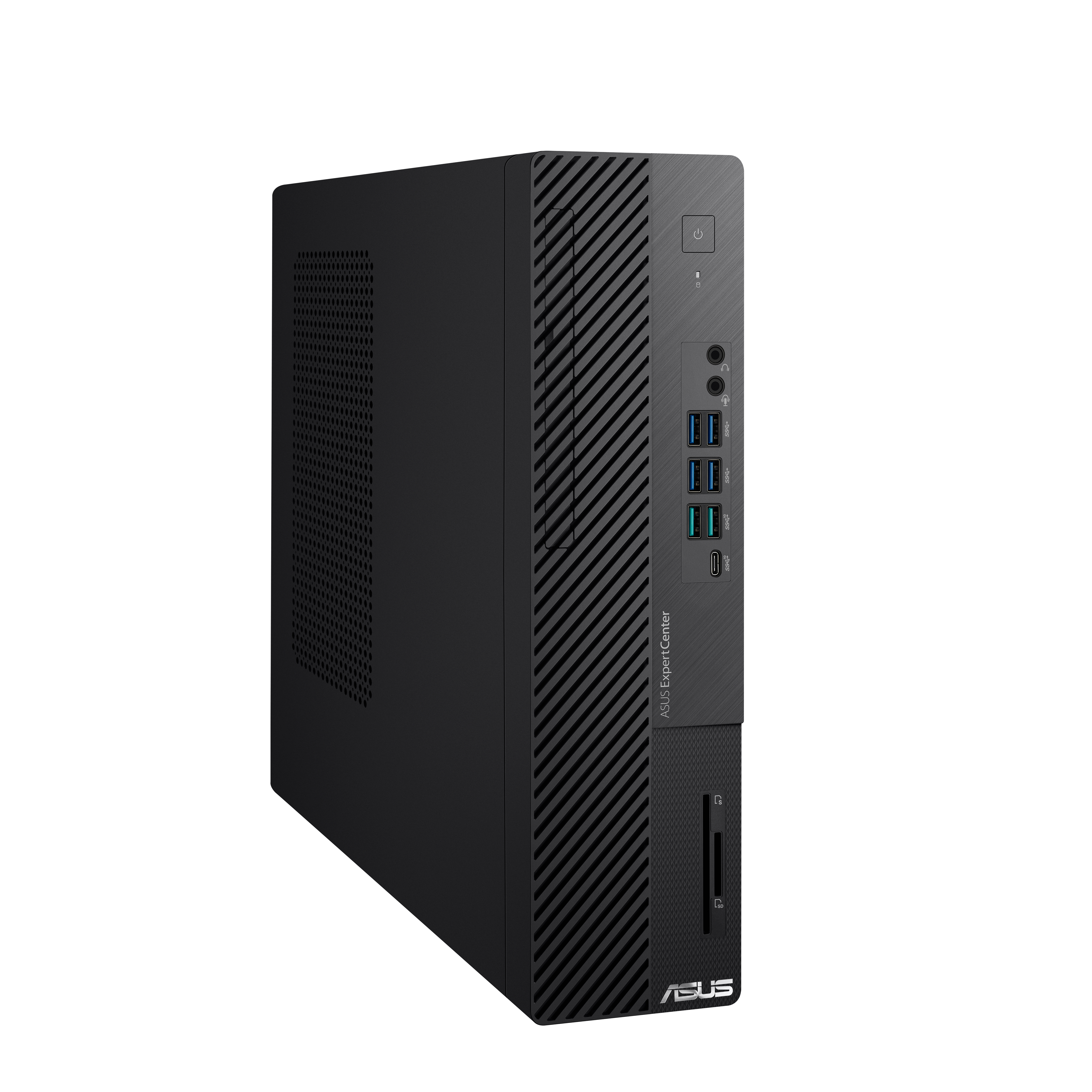 Zwarte ASUS ExpertCenter desktopcomputer. Schuine weergave, met poorten en aan/uit-knop.