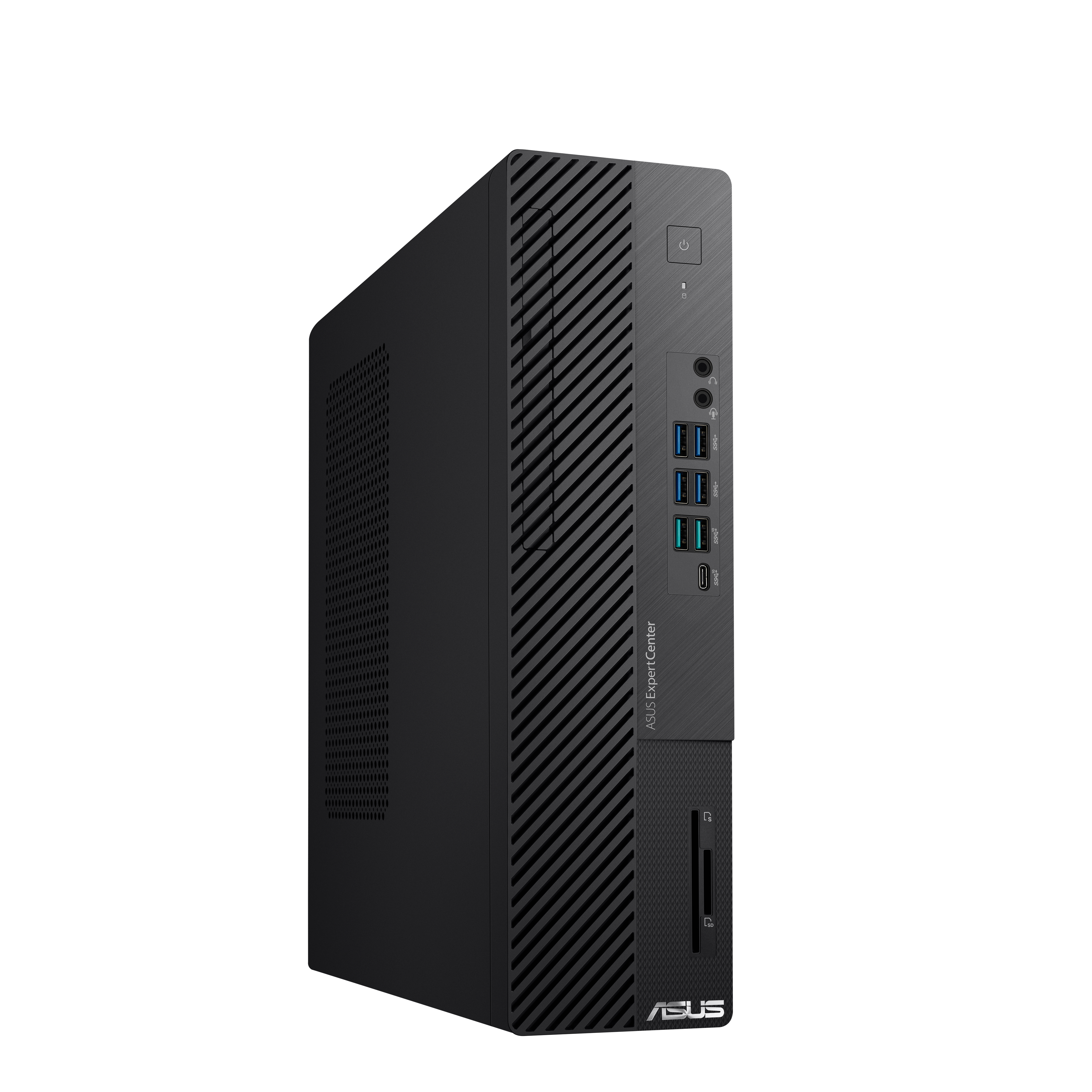 Een zwarte computertoren met het ASUS ExpertCenter-logo, met poorten en een aan/uit-knop.