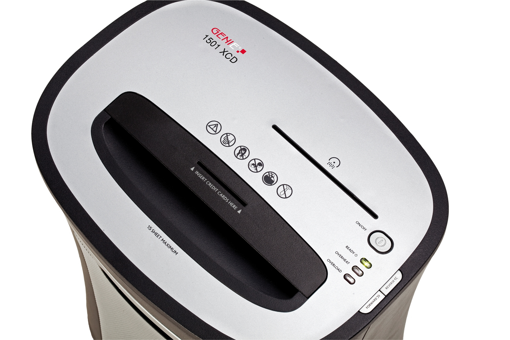 Widok z góry na niszczarkę do papieru. Posiada panel sterowania z przyciskami i szczelinę do wkładania papieru.