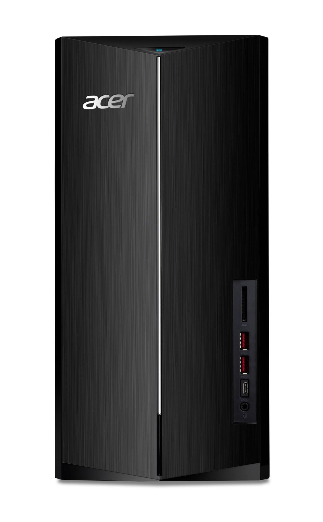 Czarna obudowa komputera Acer z pionowym białym paskiem z przodu, na białym tle.