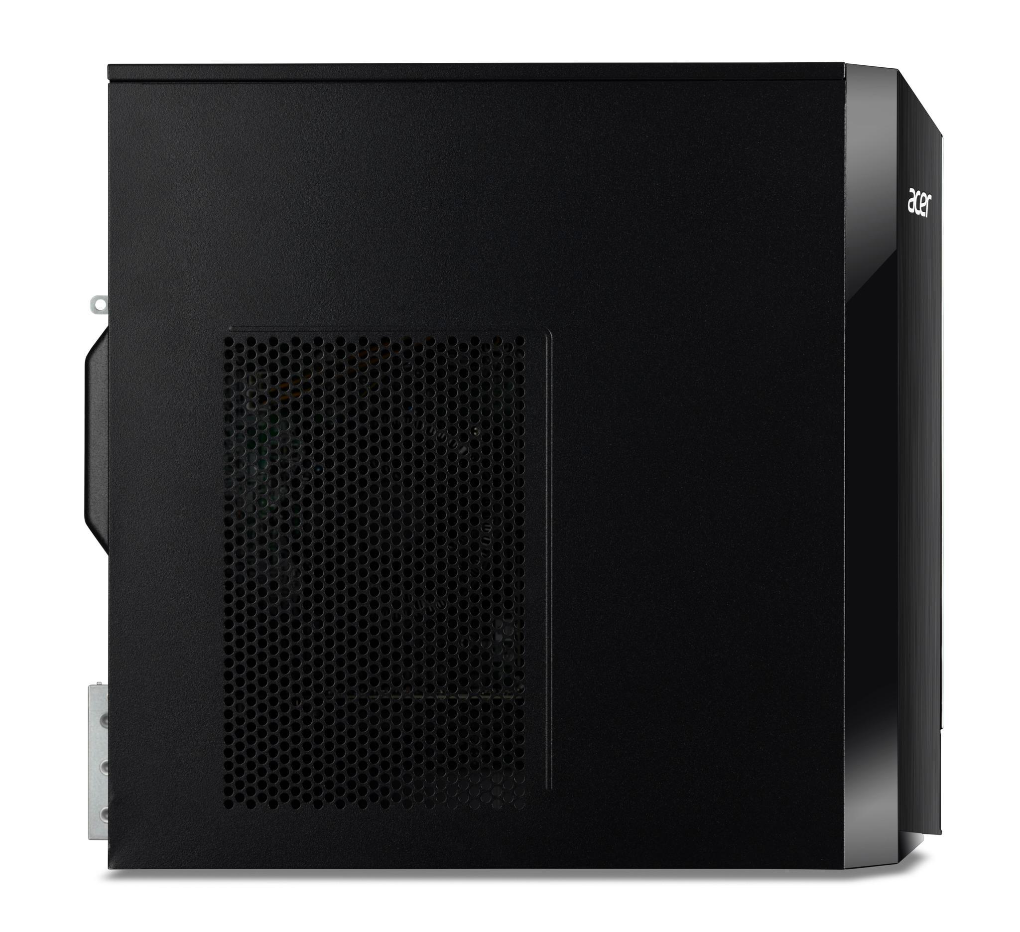 Czarny komputer stacjonarny Acer, widok z boku z wentylacją i błyszczącym panelem bocznym.