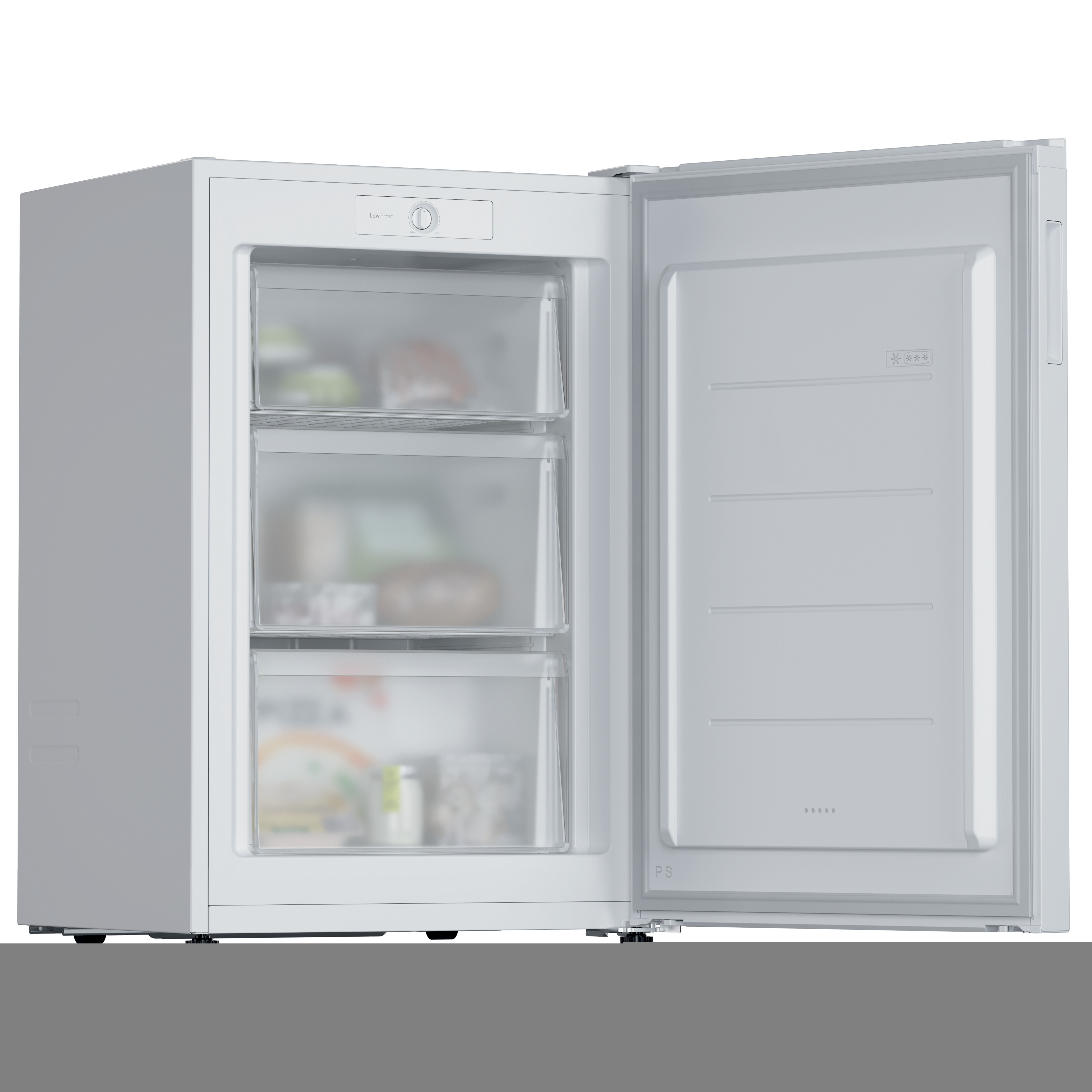 Refrigerador blanco, abierto. Interior muestra estantes con varios elementos, diseño blanco limpio.