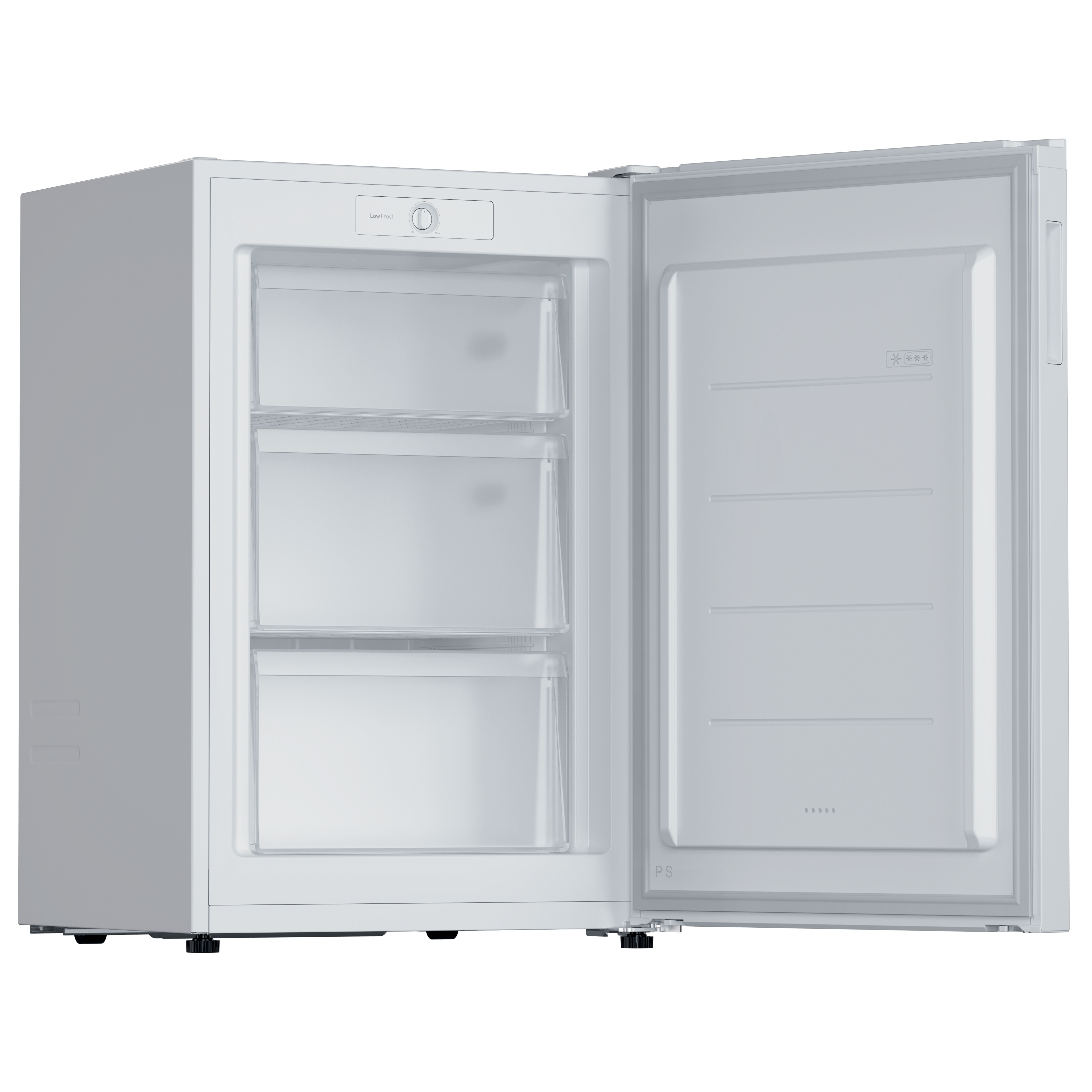 Congelador blanco con puerta abierta que muestra estantes. Tres cajones transparentes dentro.