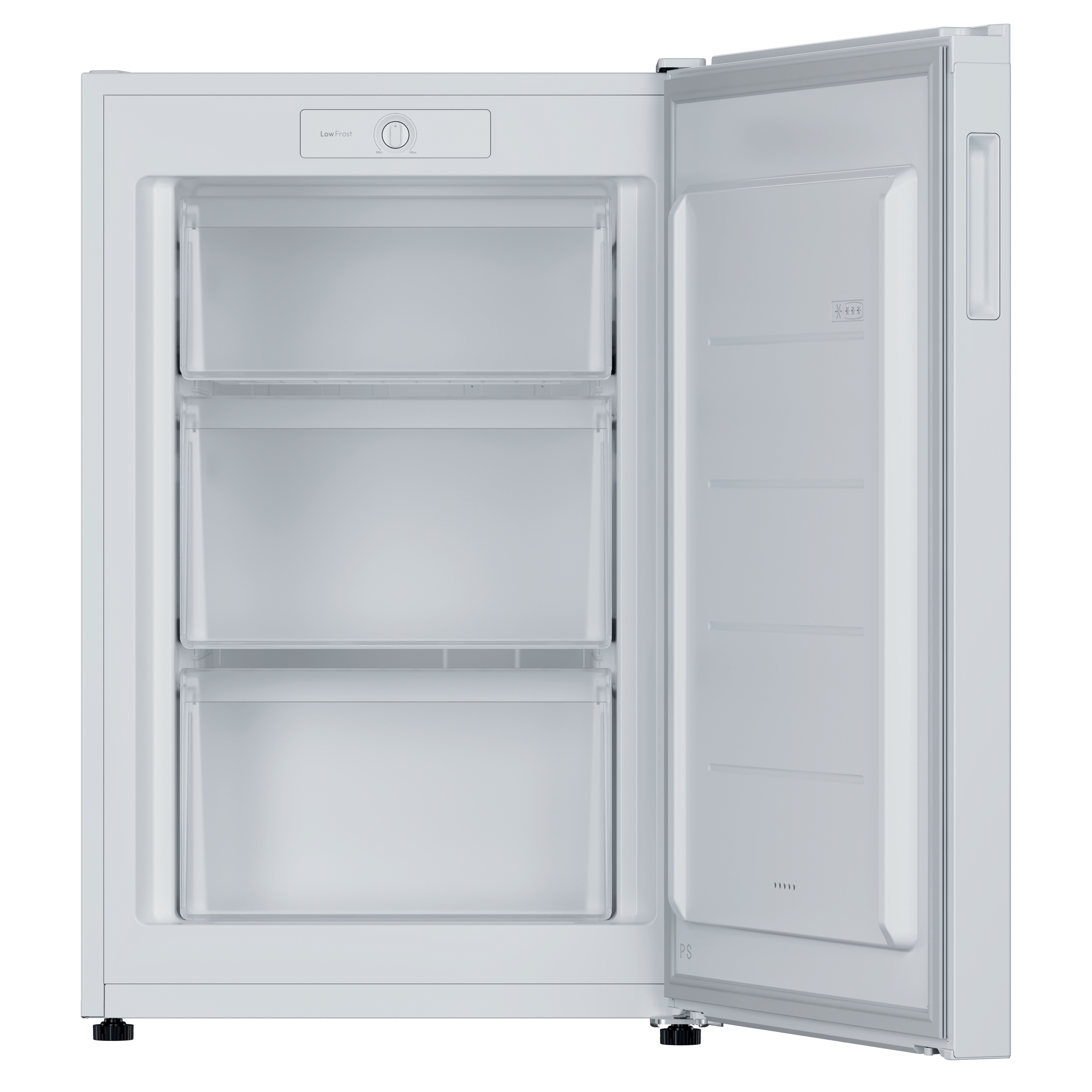 Un congelador blanco con la puerta abierta que muestra tres cajones vacíos.