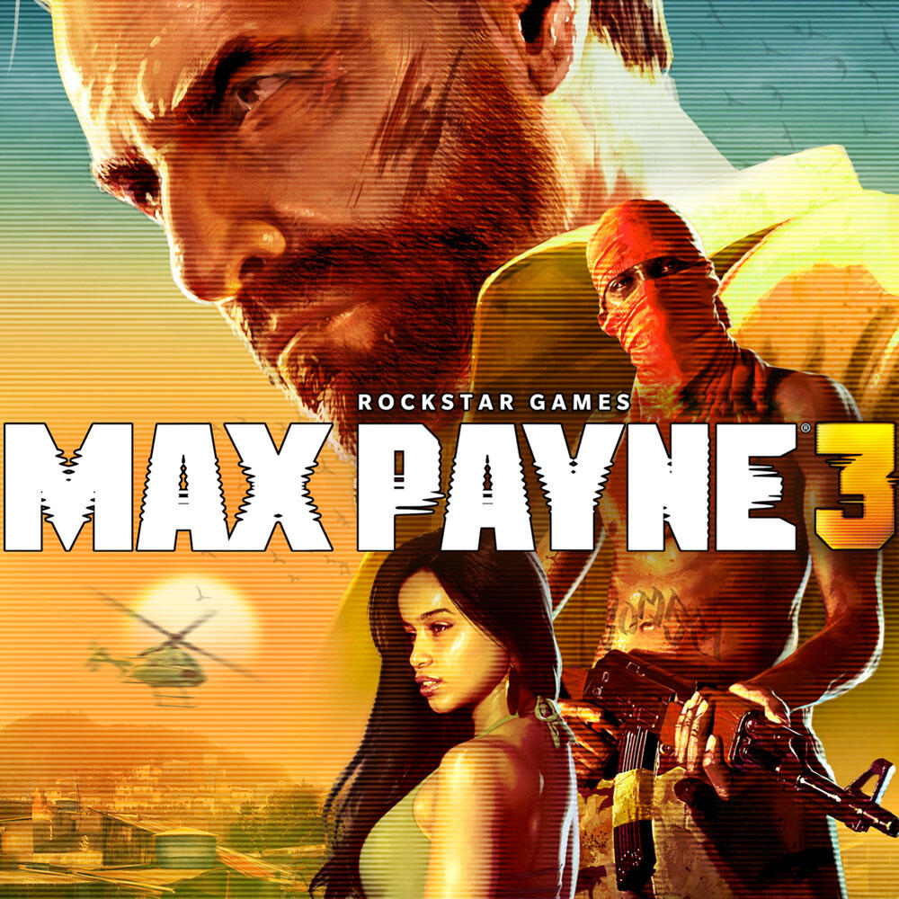 Okładka gry Max Payne 3. Przedstawia 3 osoby, helikopter i miasto w tle.