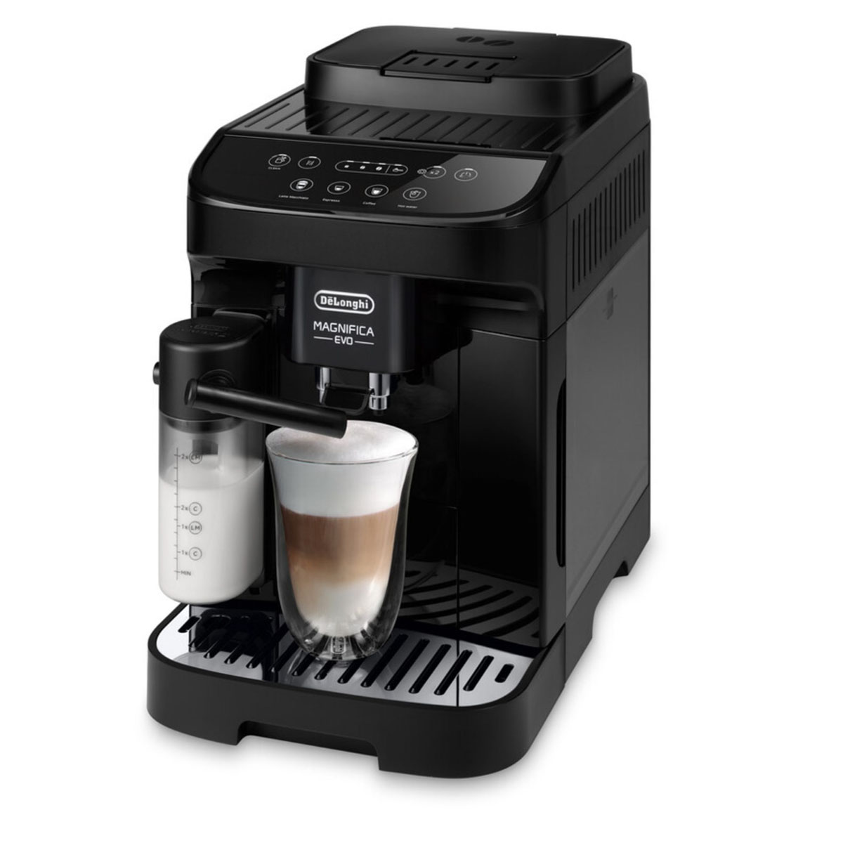 Czarny ekspres do kawy ze szklanką kawy i mleka na tacy.