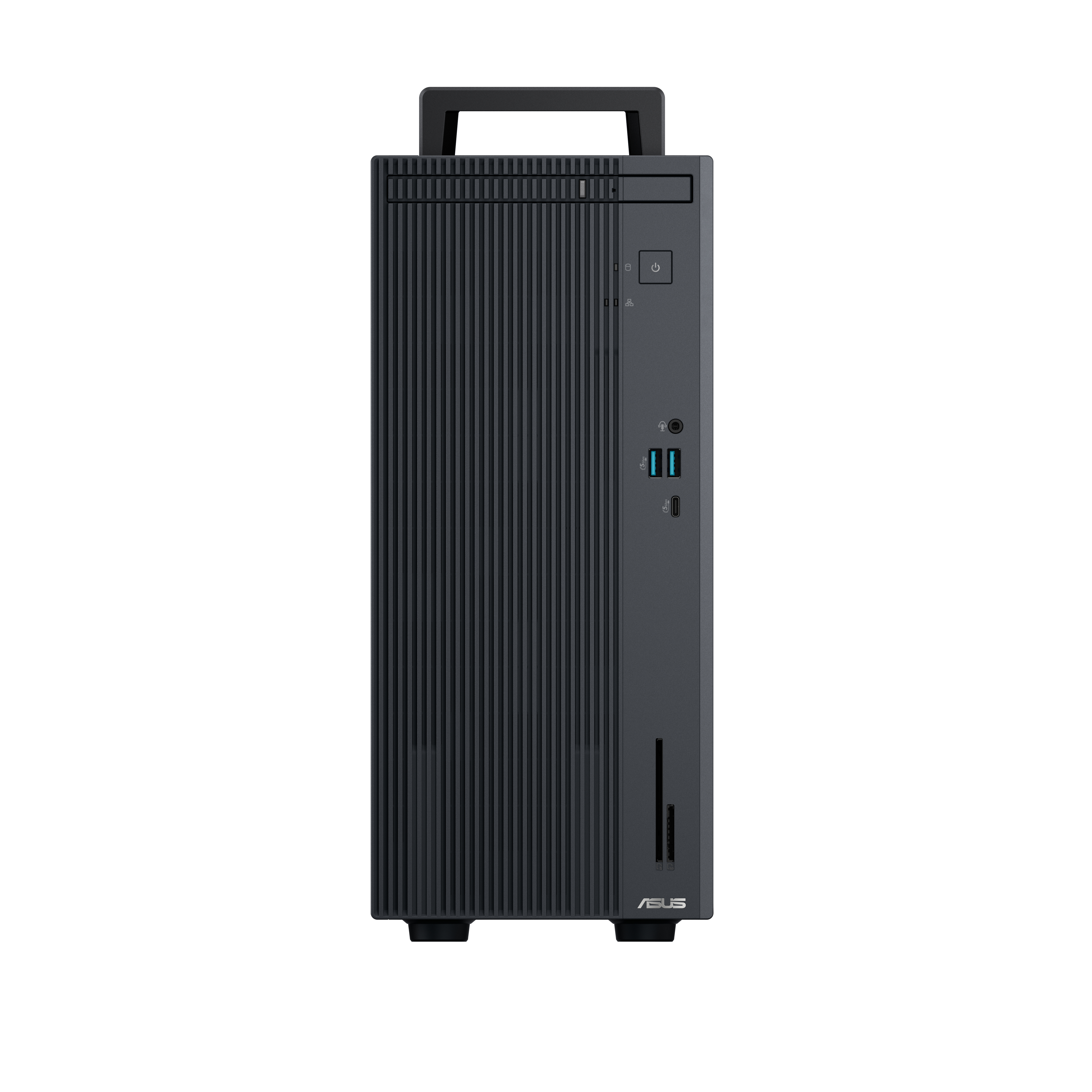 Torre del computer nera con una maniglia in alto e alcune porte.
