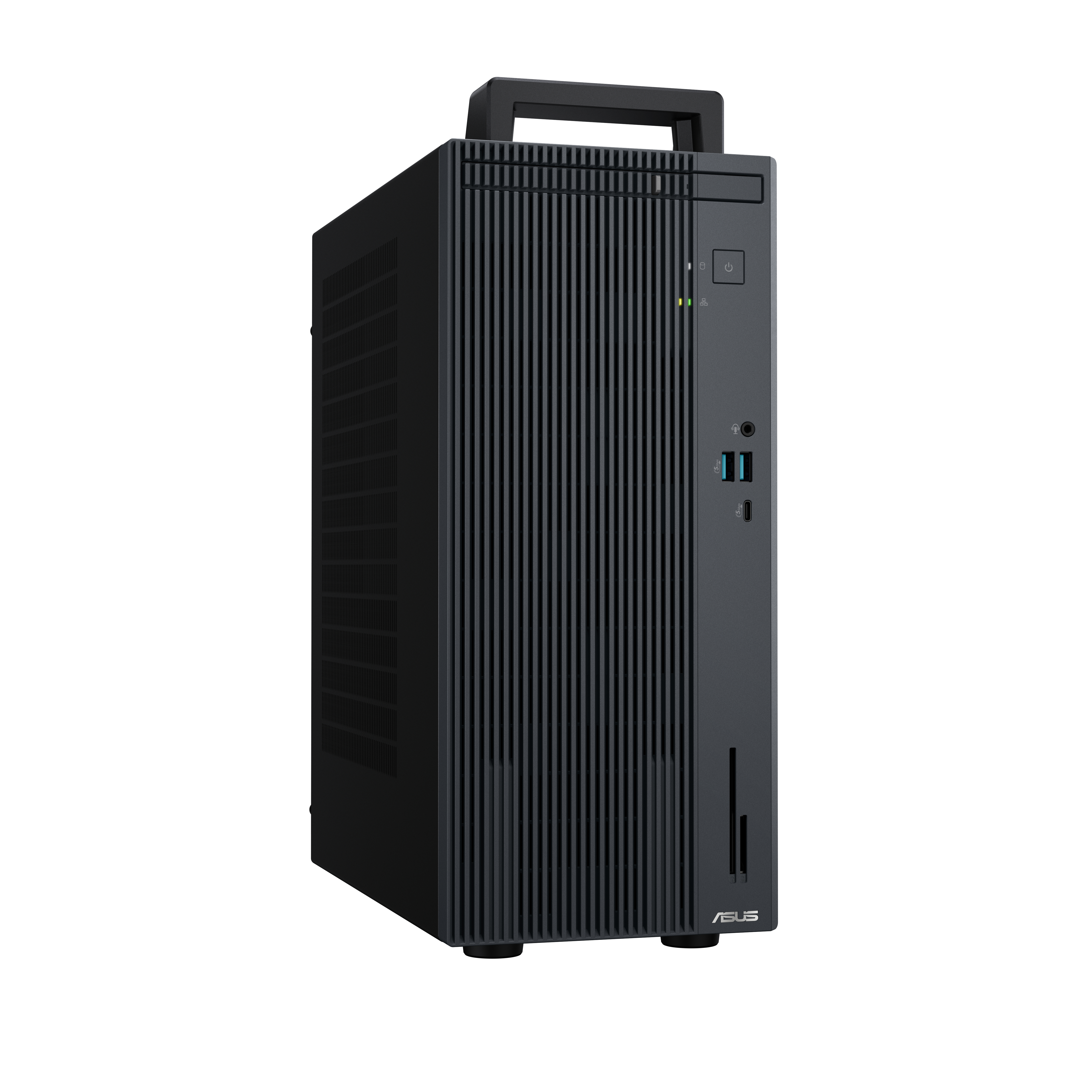 Case per computer nero con maniglia. Ha un design verticale ed è su una superficie bianca.
