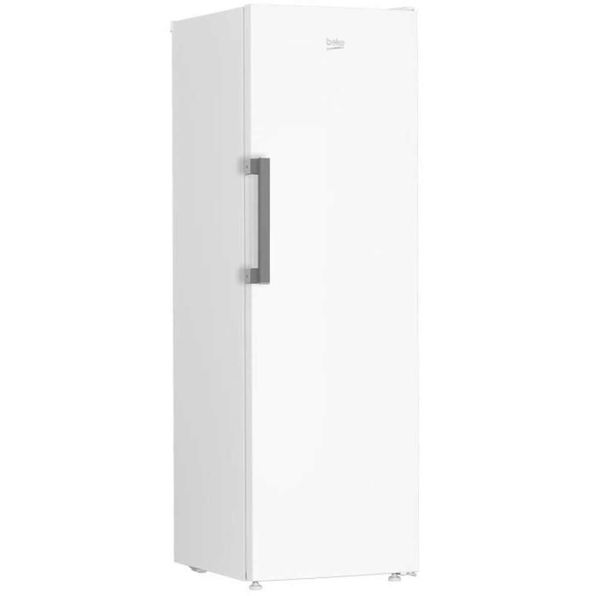 Ein weißer Kühlschrank, geschlossene Tür, mit Griff und dem Beko-Logo.