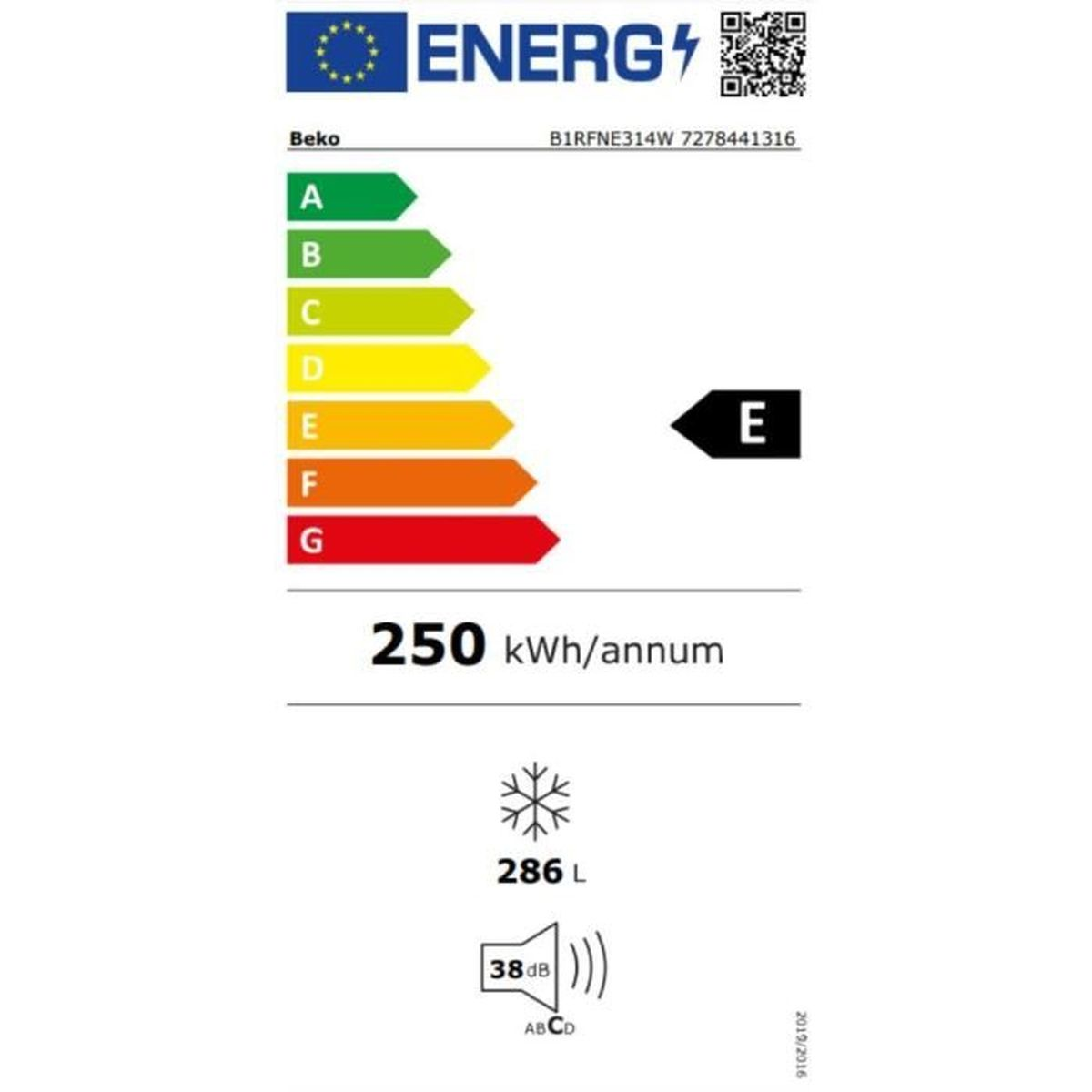Produktdatenblatt mit Details zu einem Candy-Gefrierschrank, einschließlich Energieklasse und Kapazität.