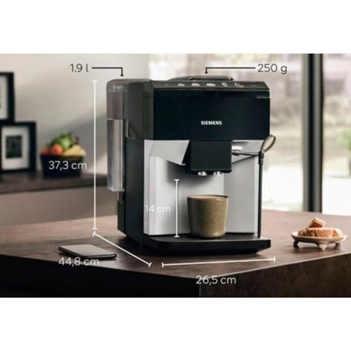 Ekspres Siemens z wymiarami, filiżanką i jedzeniem.