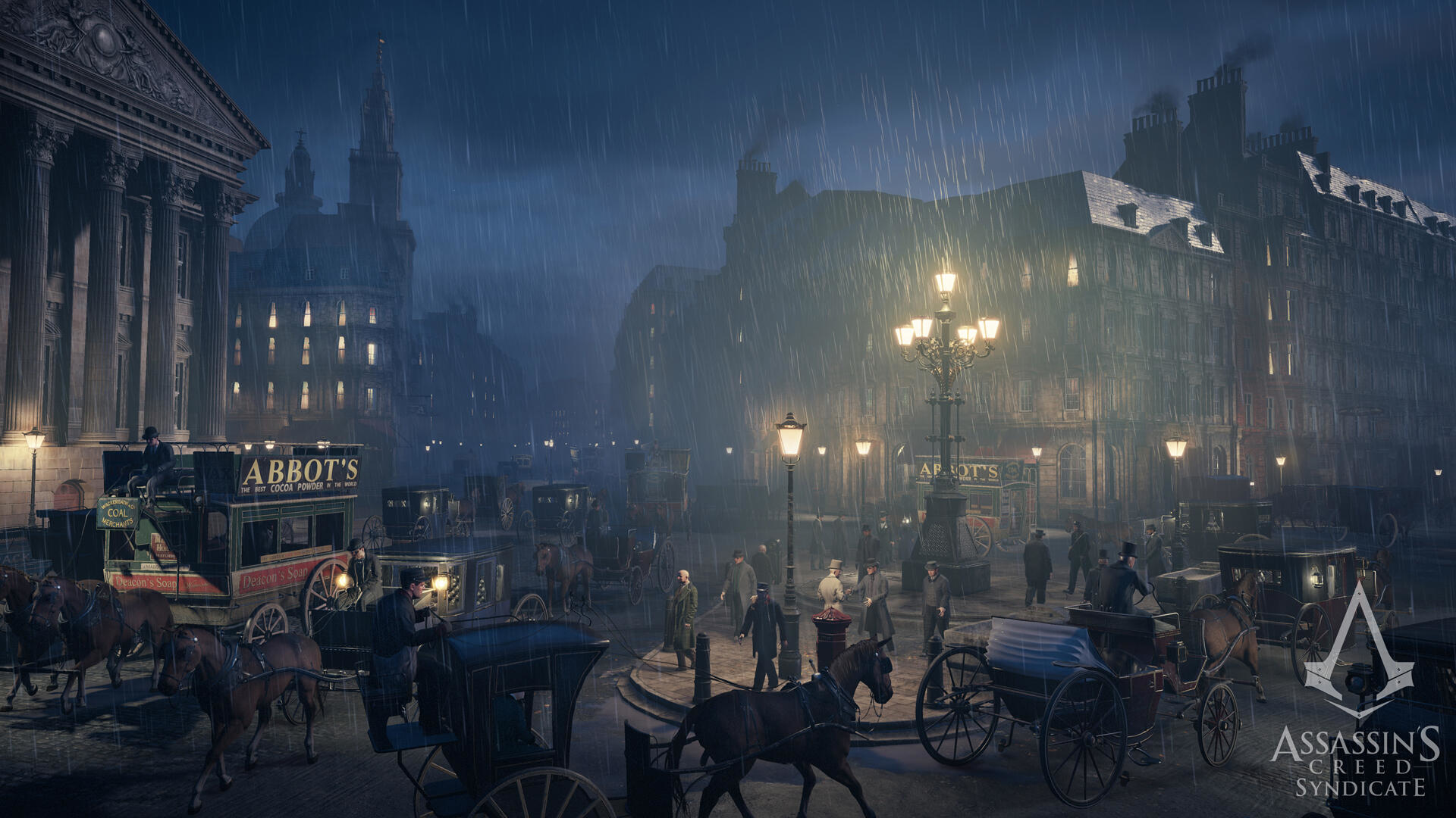 Deszczowa scena uliczna z powozami, budynkami i ludźmi. Logo Assassin's Creed Syndicate.