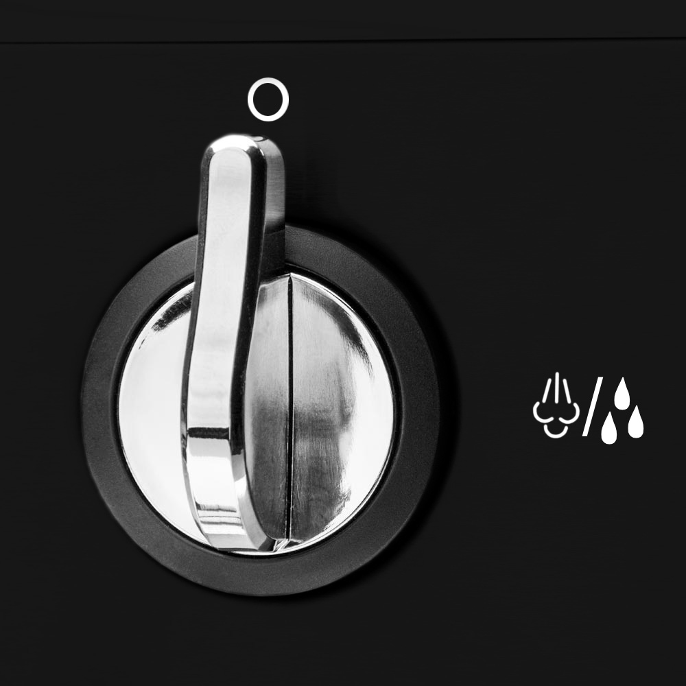 Czarny i srebrny pokrętło z ikonami wody i pary.