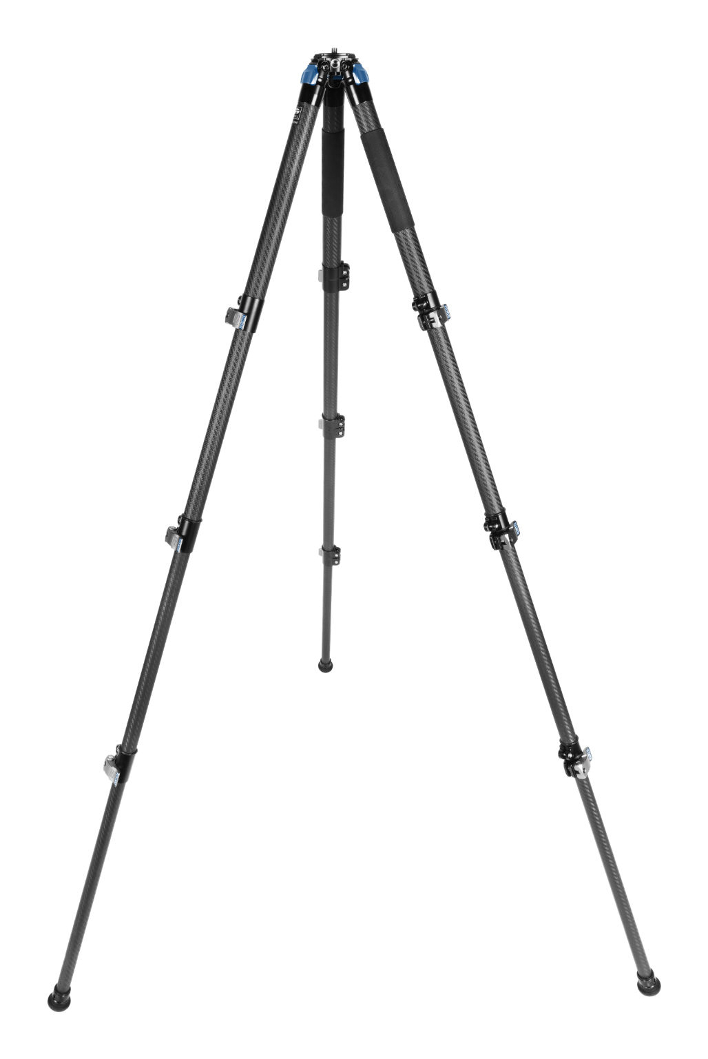 A black tripod, with legs spread out. The legs are carbon fiber. It is on a white background.