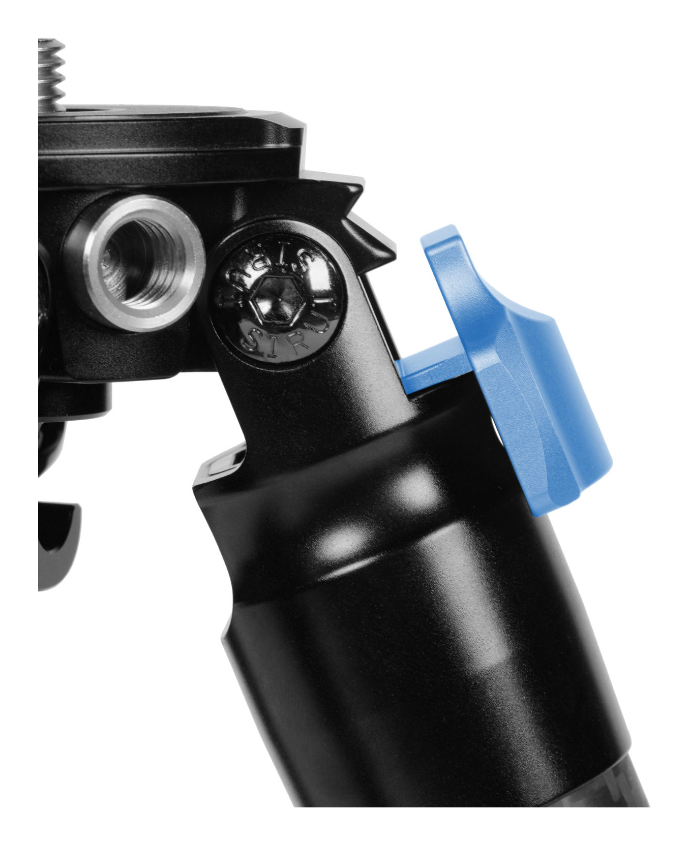 Close-up of a black and blue tripod head with a screw and a blue lever.
