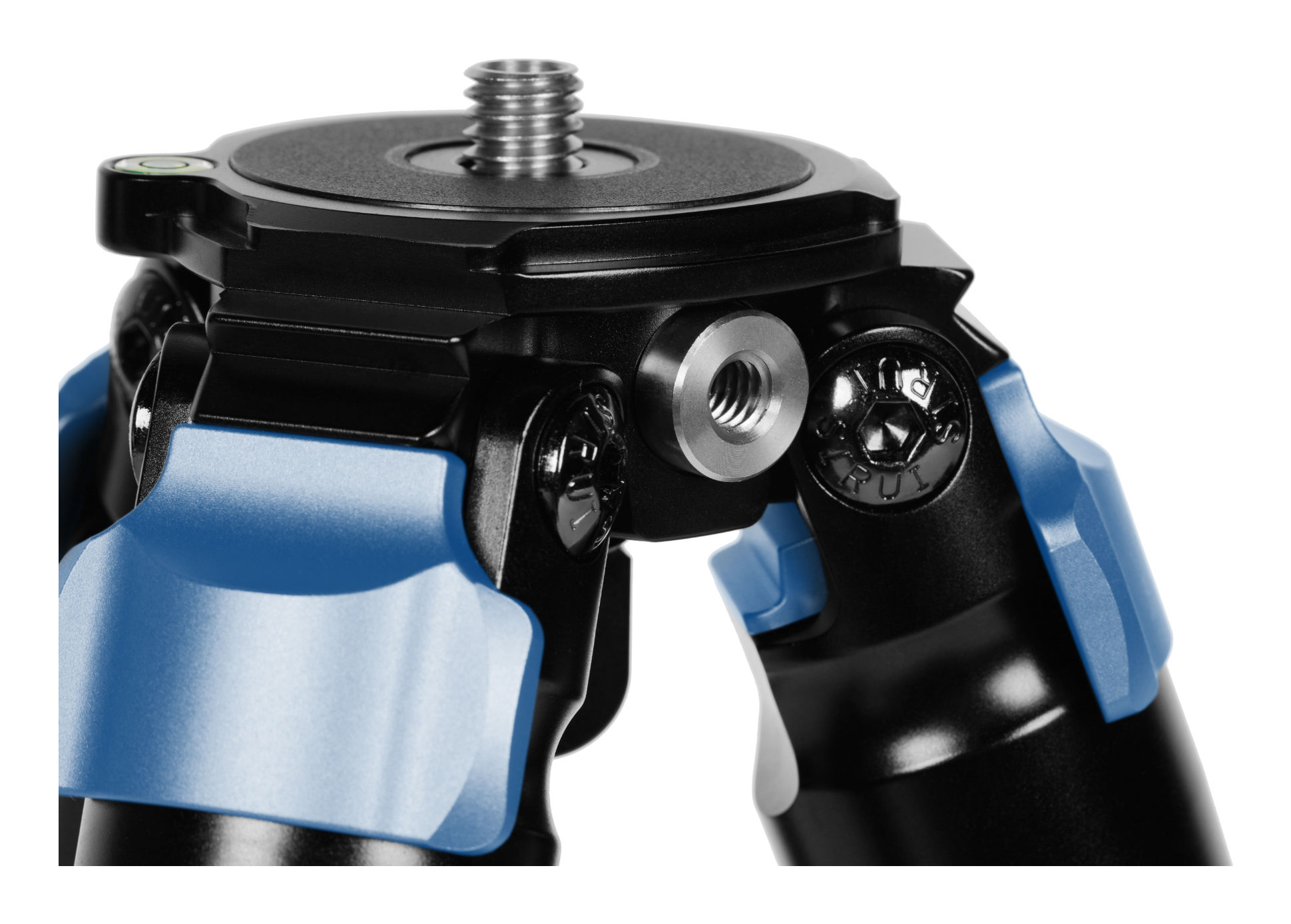 Close-up of a tripod head. The head is black and blue. There is a screw and a level.