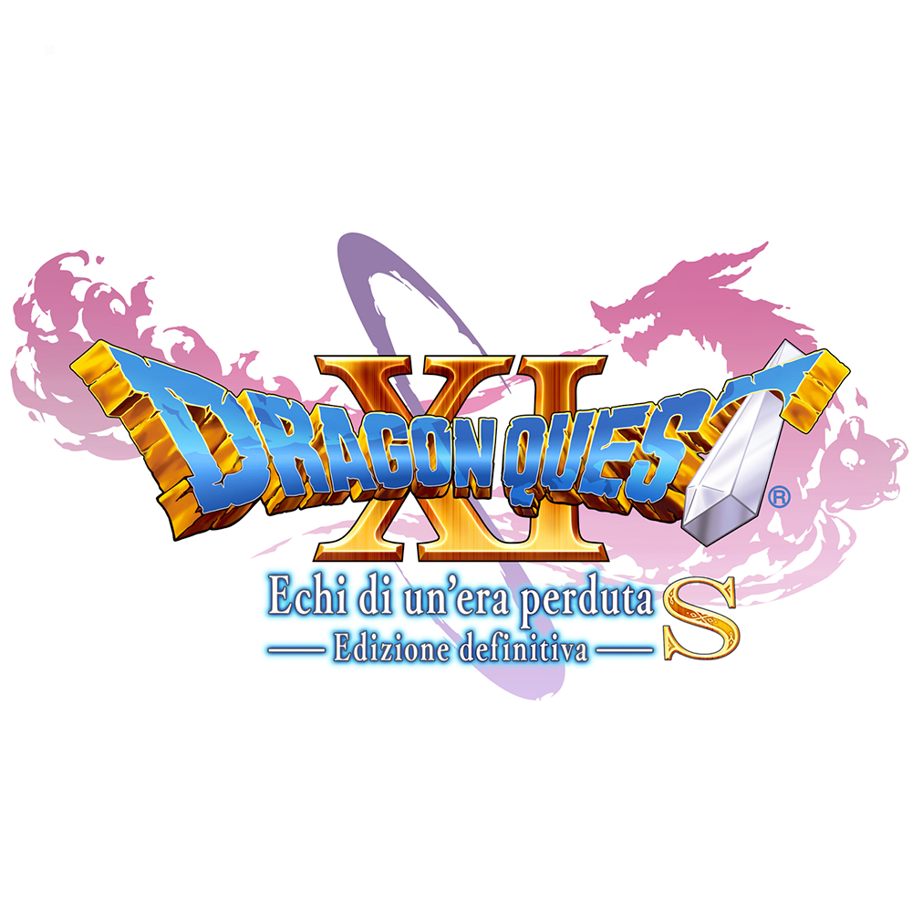 Logo Dragon Quest XI: Tekst w kolorze złotym i niebieskim, z grafiką smoka.