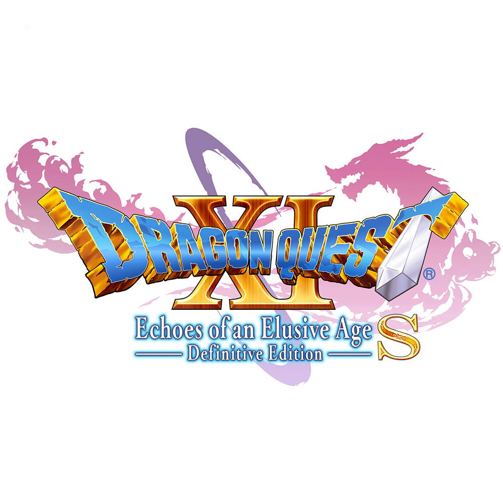 Logo gry Dragon Quest XI. Tytuł jest w kolorze niebieskim i złotym ze smokiem i białym tłem.