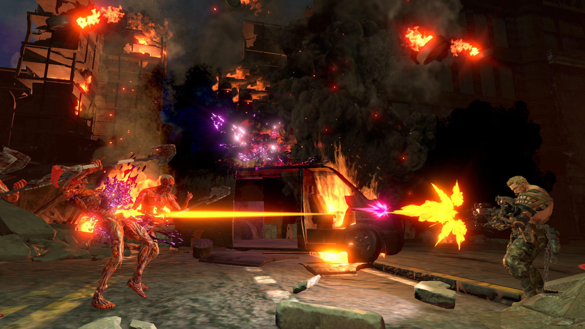 Scena walki z eksplozjami, postacie strzelające laserami. Budynki płoną i unosi się dym.