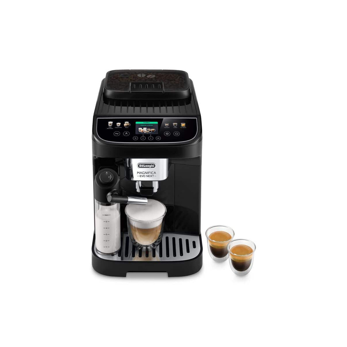 Czarny ekspres do kawy z spieniaczem do mleka, dwie filiżanki espresso i szklanka z mlekiem.