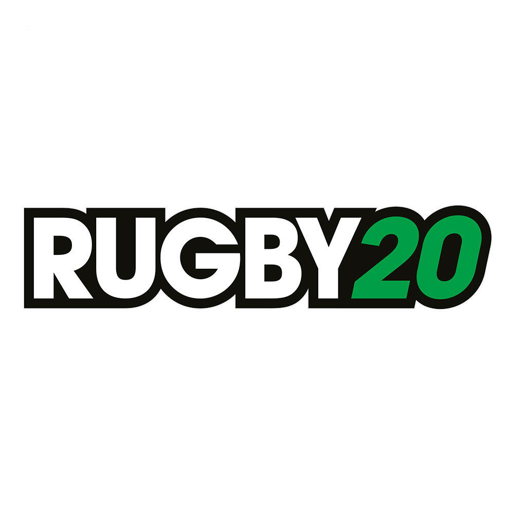 Logo Rugby 20 z zielonym '20' na białym tle.