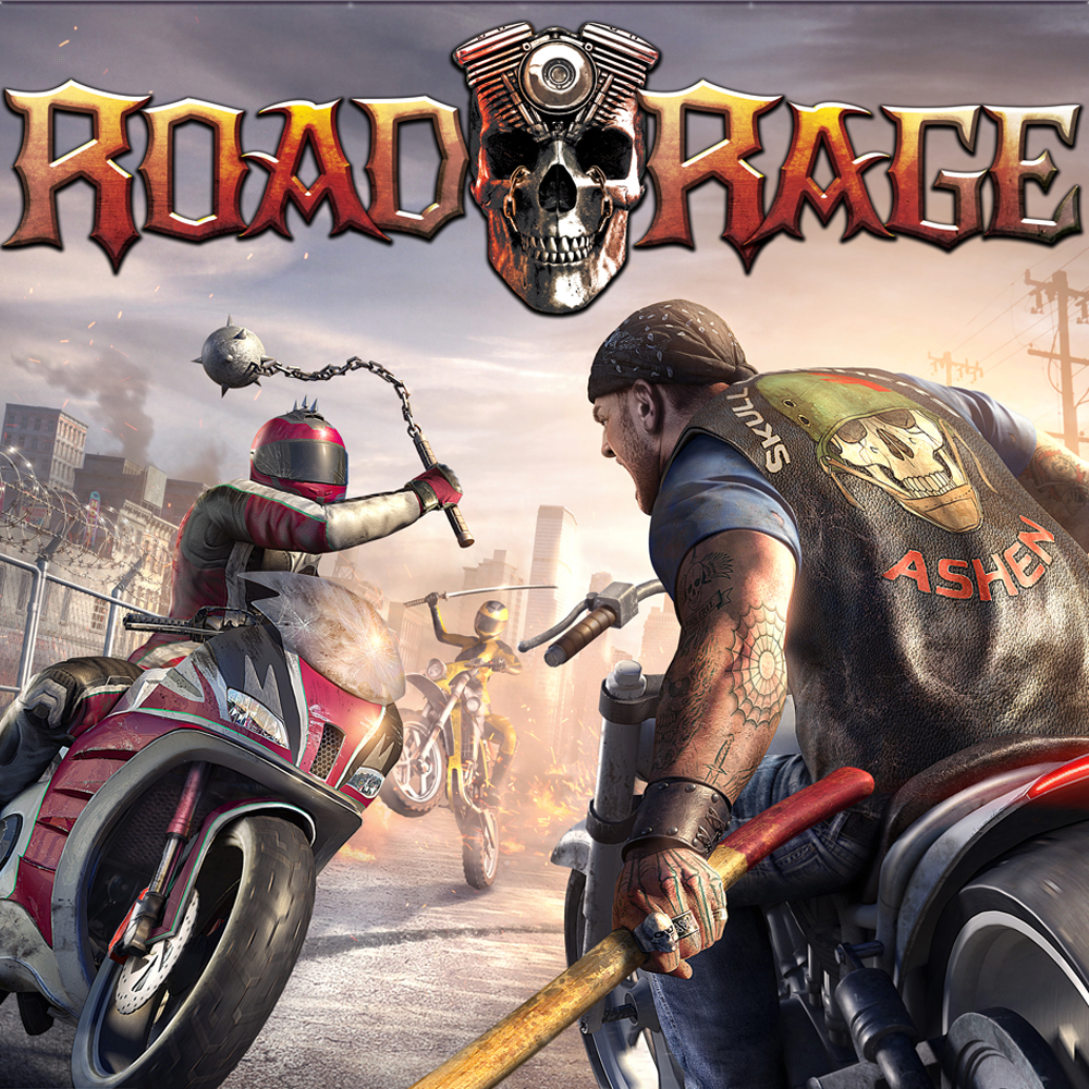 Okładka gry Road Rage. Dwóch motocyklistów walczy na motocyklach. Czaszka na górze.