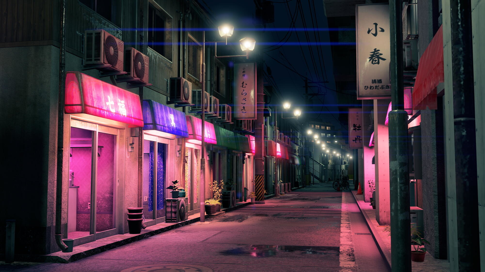 Scena uliczna w nocy. Neonowe znaki oświetlają ulicę, a klimatyzatory znajdują się na budynkach.