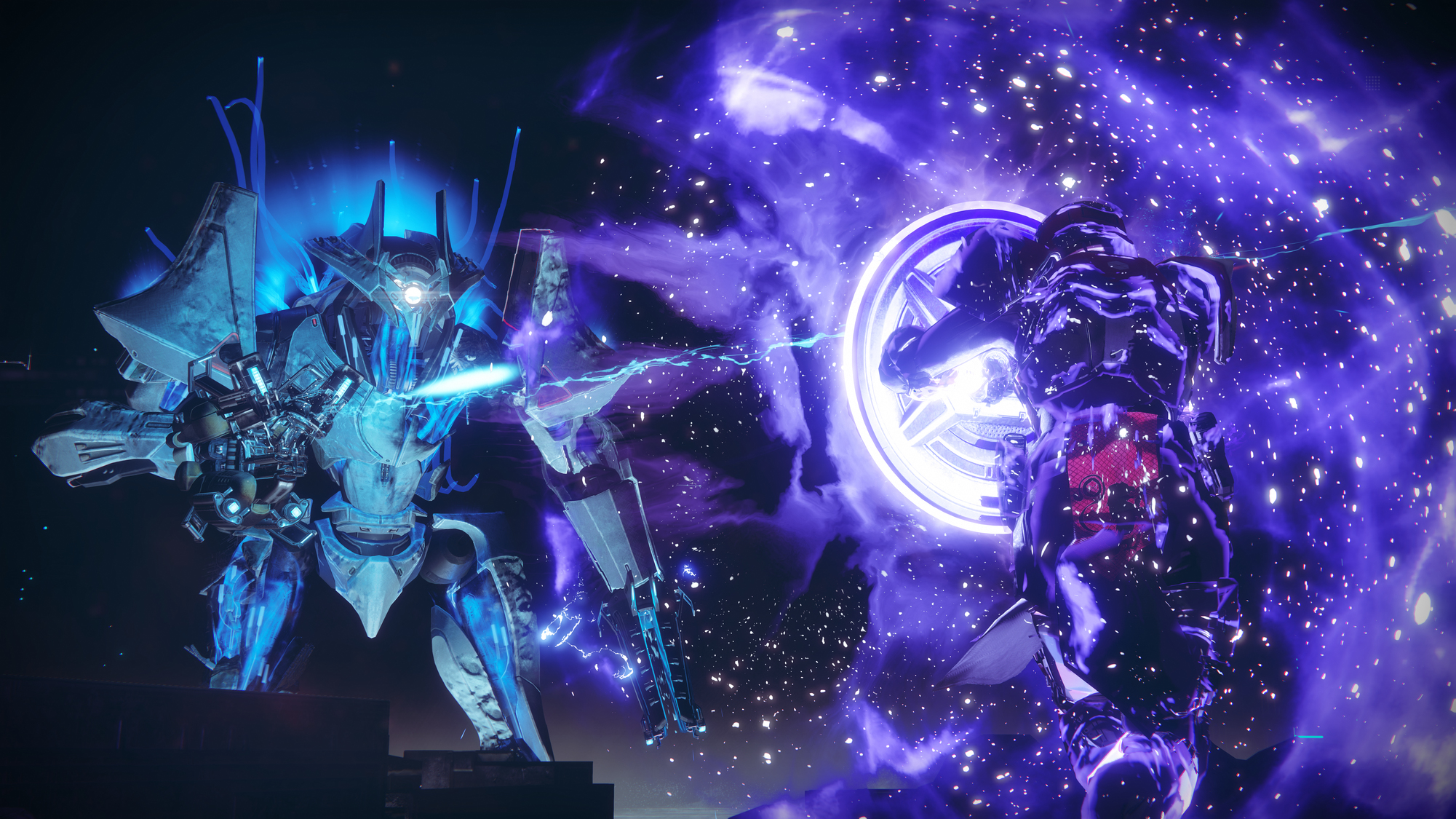 Due robot si scontrano in una scena piena di energia viola ed effetti visivi.