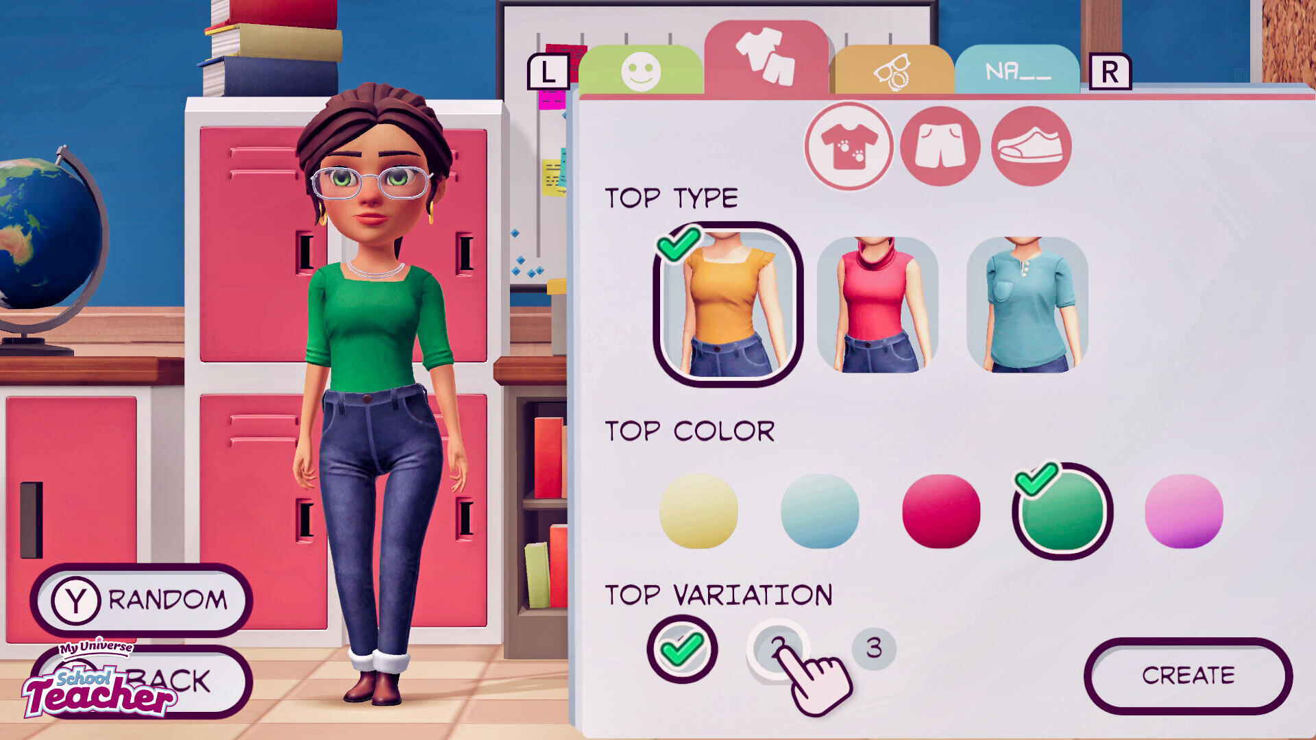 Ekran personalizacji postaci w grze pokazuje nauczycielkę w zielonej koszuli.