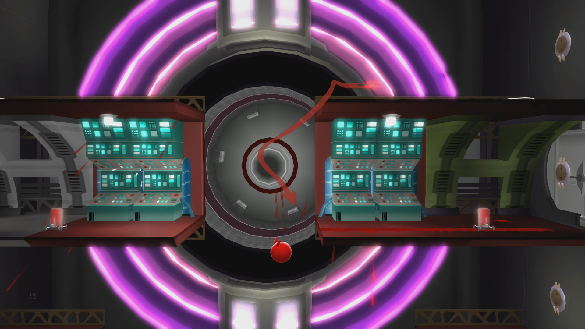 Eine Side-Scrolling-Spielszene mit roten Wänden, Bedienfeldern und einem roten Ballcharakter.